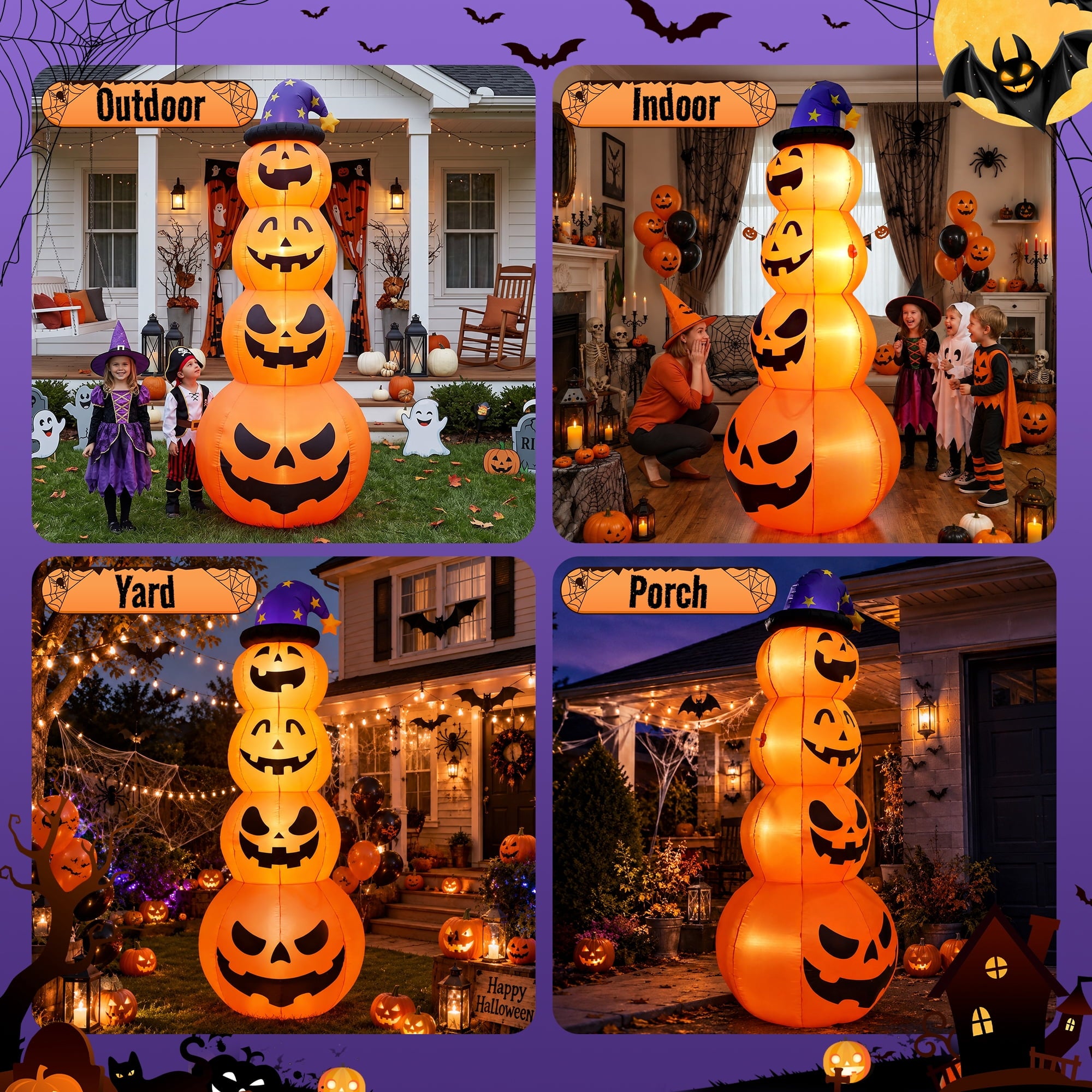 8 ft Halloween Pumpkin Stack Inflatable Decoration with Witch Hat, Lighted Blow up Yard Decor for Outdoor Lawn Garden