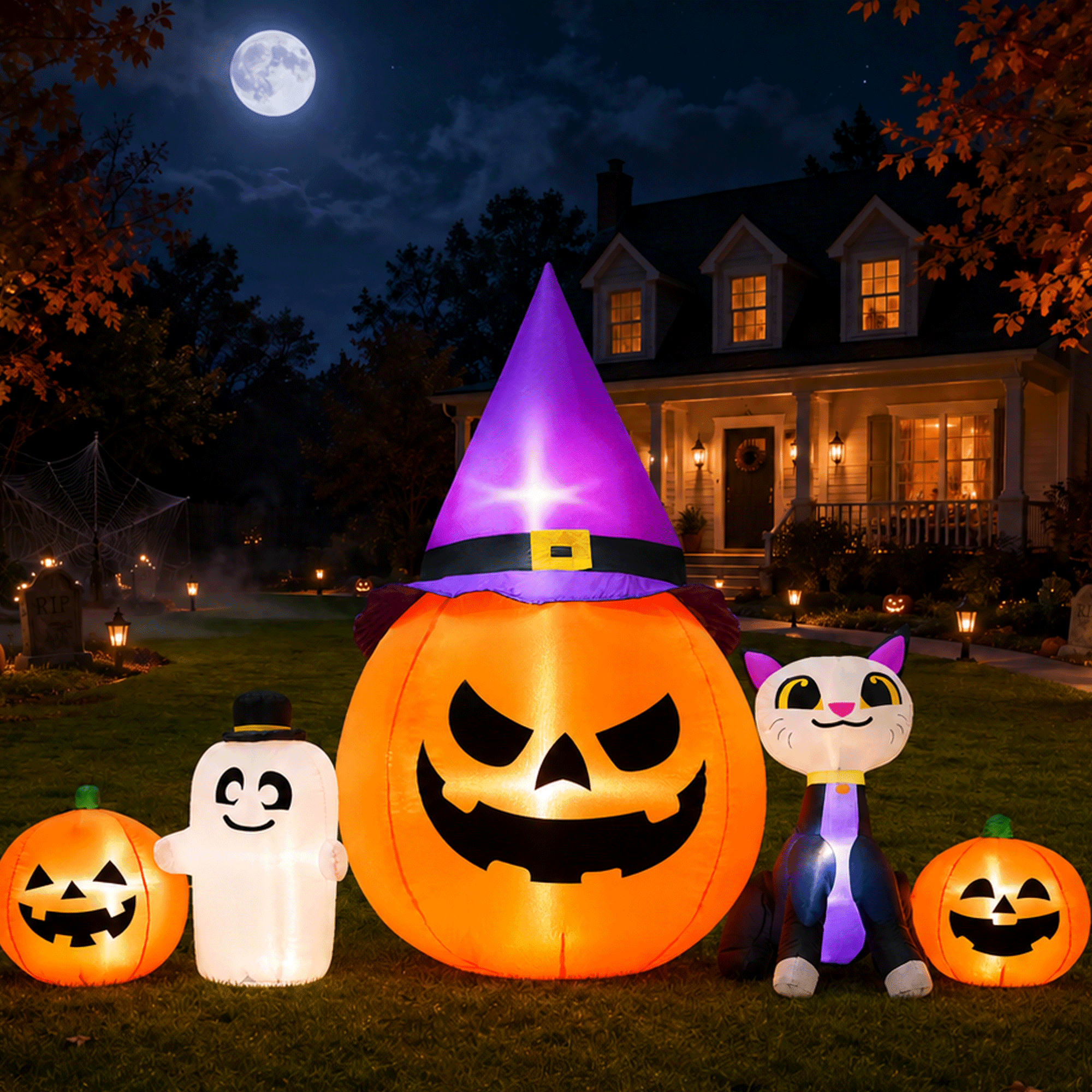 8ft Halloween Inflatable Pumpkin & Black Cat Ghost with LED Lights  Outdoor Yard & Garden Decoration