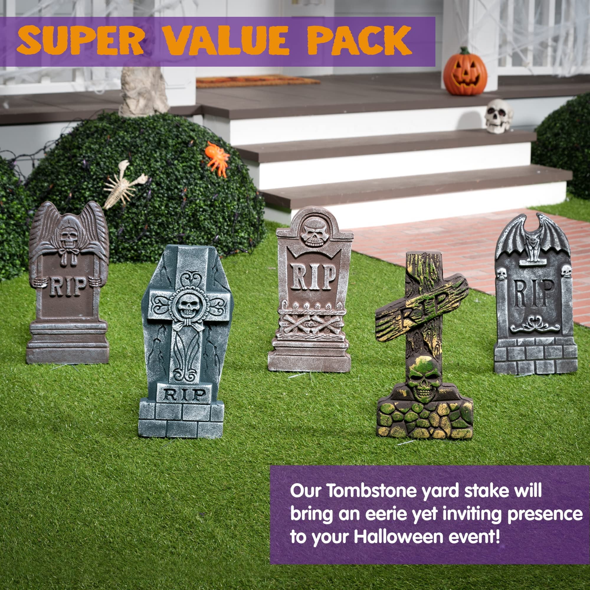 17" Halloween 5 Pack Tombstone Decorations, Foam RIP Graveyard Signs Cemetery Headstones Scary Outdoor Indoor Halloween Decor with 12 Metal Stakes for Easy Set Up, Waterproof for Garden Lawn