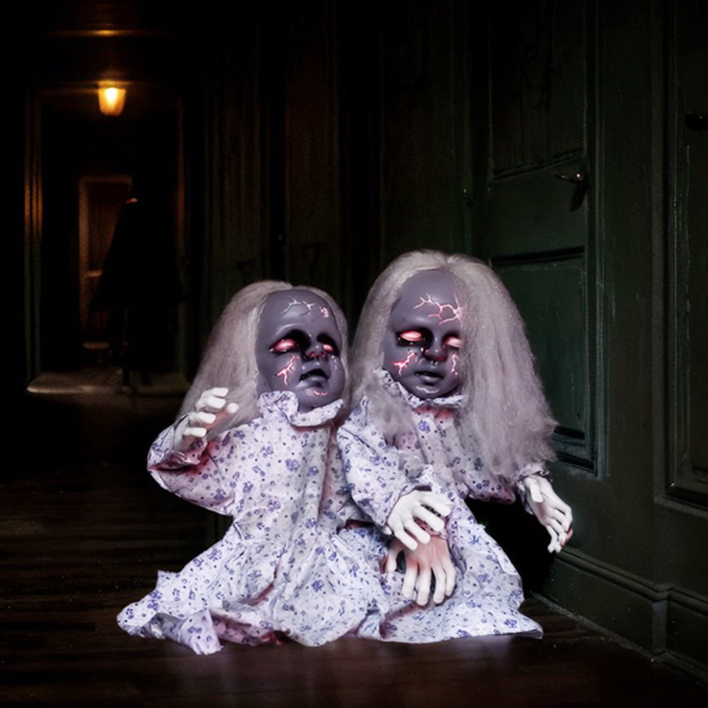 2.8ft Halloween Scary Yard Decorations, Twin Girls Halloween Standing Decoration, Animated Haunted House Halloween Party Prop Decoration, with Creepy Sounds, for Front Porch, Patio, Yard, Lawn, Garden