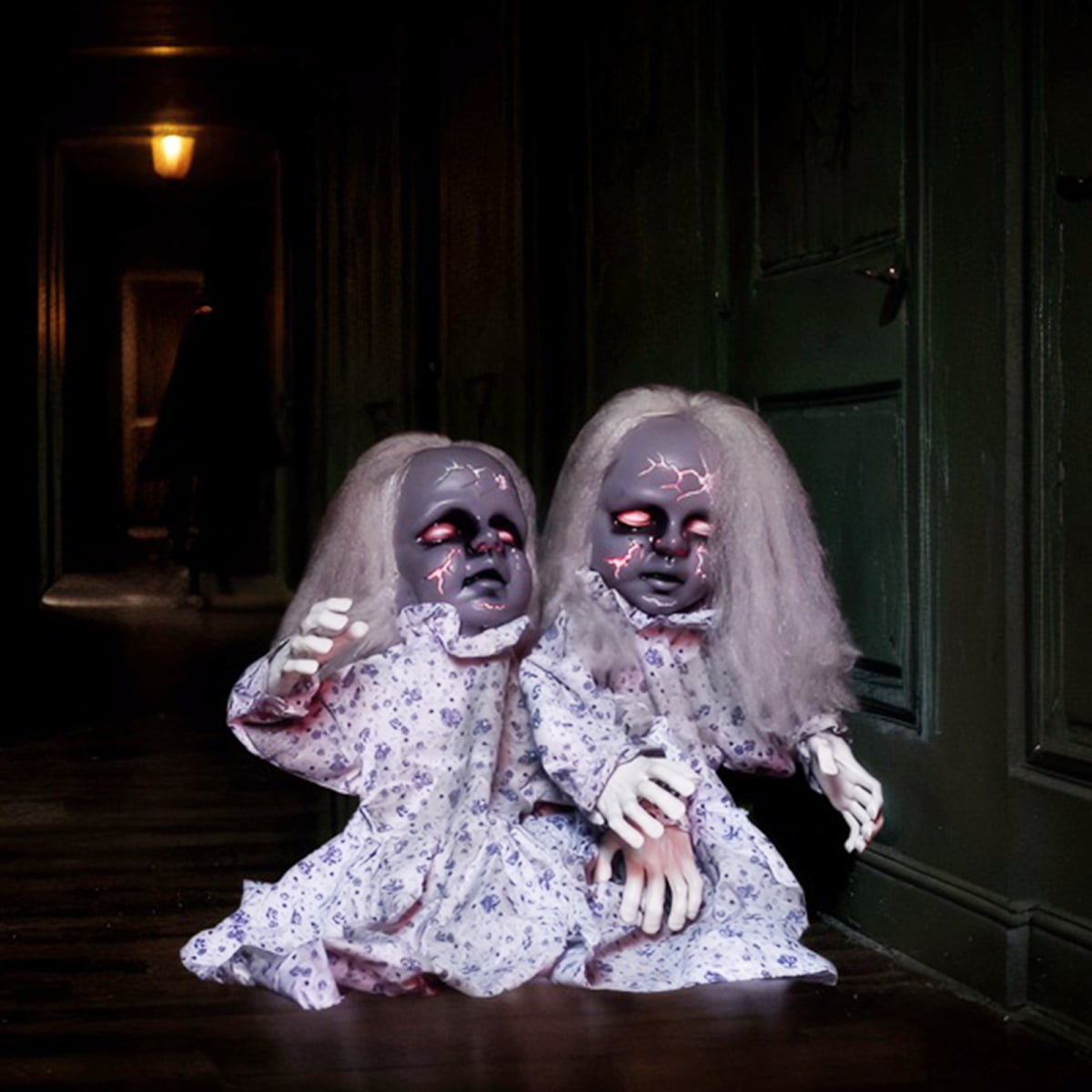 2.8ft Halloween Scary Yard Decorations, Twin Girls Halloween Standing Decoration, Animated Haunted House Halloween Party Prop Decoration, with Creepy Sounds, for Front Porch, Patio, Yard, Lawn, Garden