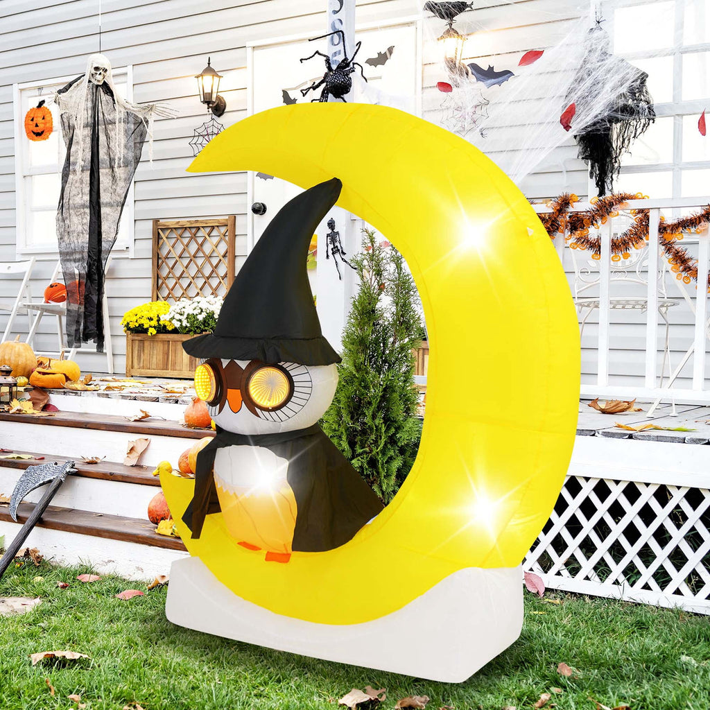 Costway 4.3 x 5.1 ft Inflatable Owl on Moon LED Lighted Halloween Decoration w/ Large Moon & Wizard Owl w/ Stakes & Sandbags