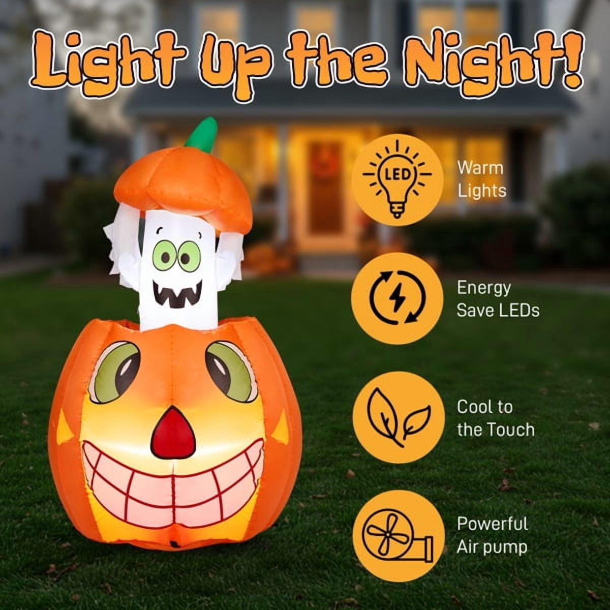 2.8FT Halloween Inflatable Animated Pumpkin Ghost, 2 White LED Lights, Weather-Resistant Polyester, for Small Spaces/Accent Decor