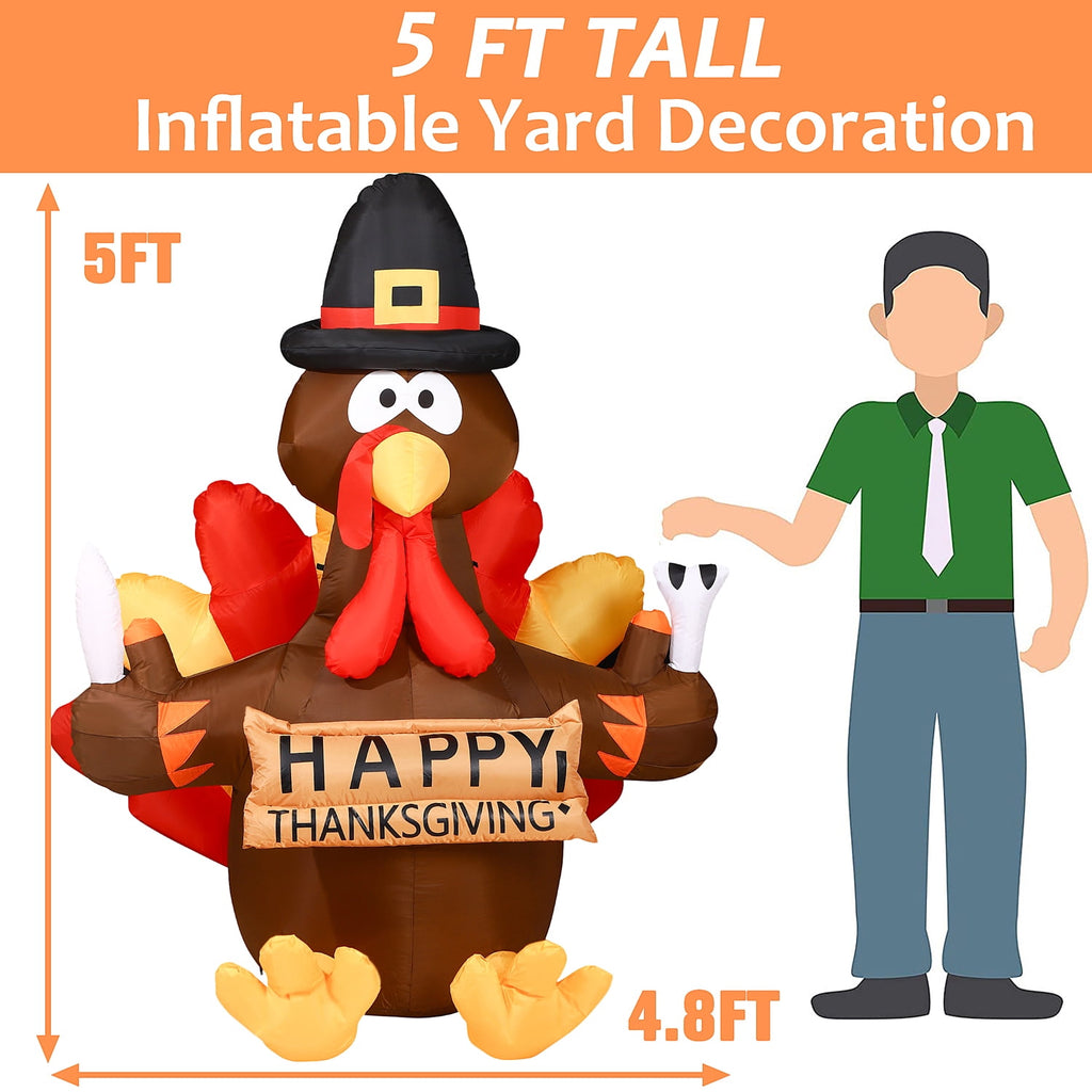 Thanksgiving Inflatable Turkey 5FT Blow up Outdoor Thanksgiving Inflatables Decoration with LED Lights for Holiday Party Yard Garden