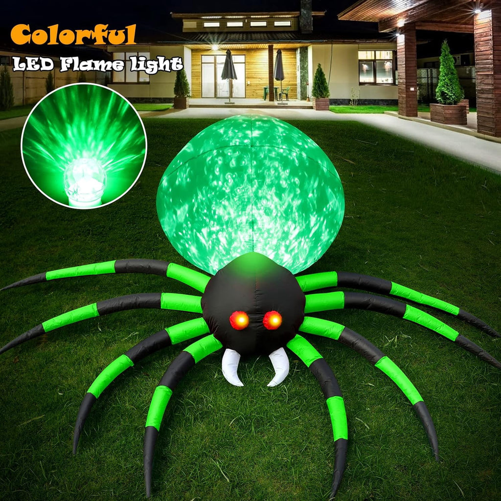 8FT Halloween Spider Inflatables Outdoor Decorations for Yard, Giant Green Spider with Blow up Rotating Fire Flame, Large Spooky Spider Props for Halloween Party Garden Lawn House Holiday Room Decor