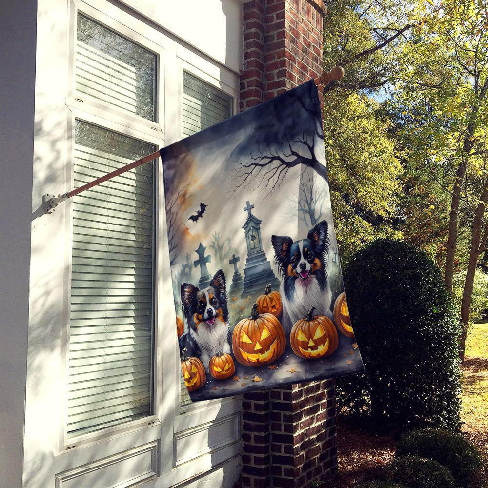 Halloween Papillon Dog House Flag 28x40IN Double-Sided Polyester Decorative Sleeve Pole Flag for Outdoor Home Garden