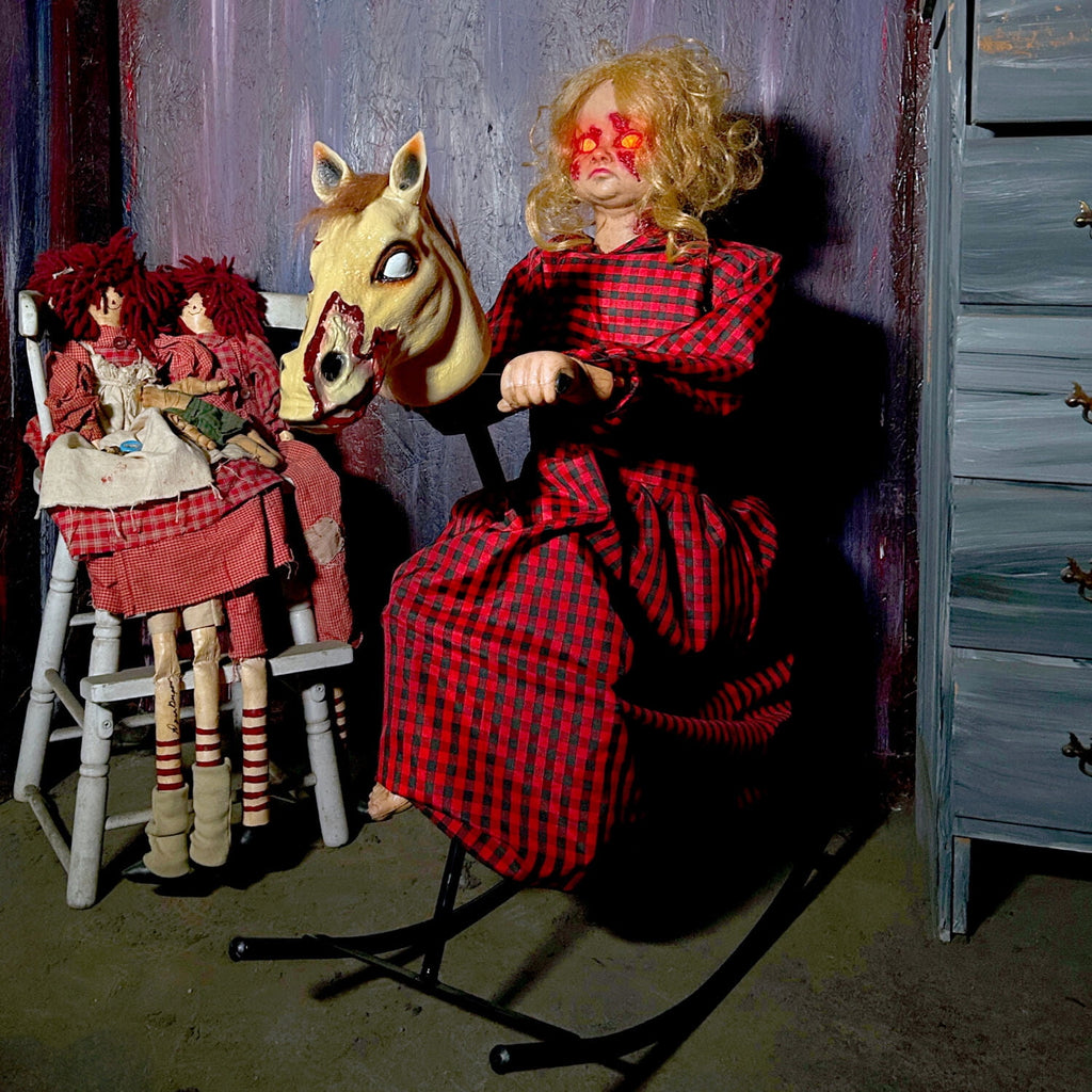 3.2 ft Voice & Sound-Sensor Rocking Horse Girl Halloween Animatronic, HHRCKHRSGRL-1FLSA