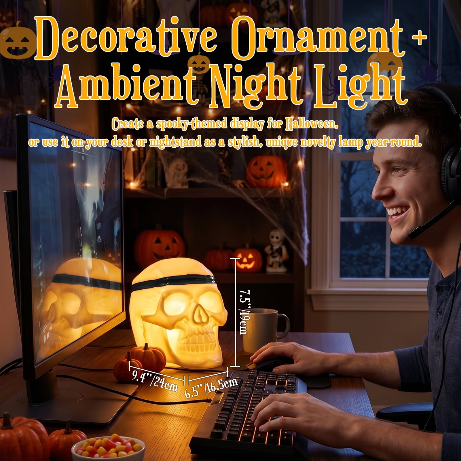 Postlucky 7.5" 8-Color Dimmable LED Skull Light, Halloween Outdoor Skeleton Decor Lamp, 3 AA Battery Powered, Black Strip Accessory