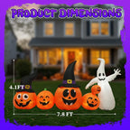 8FT Halloween Inflatable Pumpkin Ghost Scene, 5 Total LEDs, Waterproof Polyester, Quick Inflation with Stakes/Ropes for Yard/Garden/Indoor