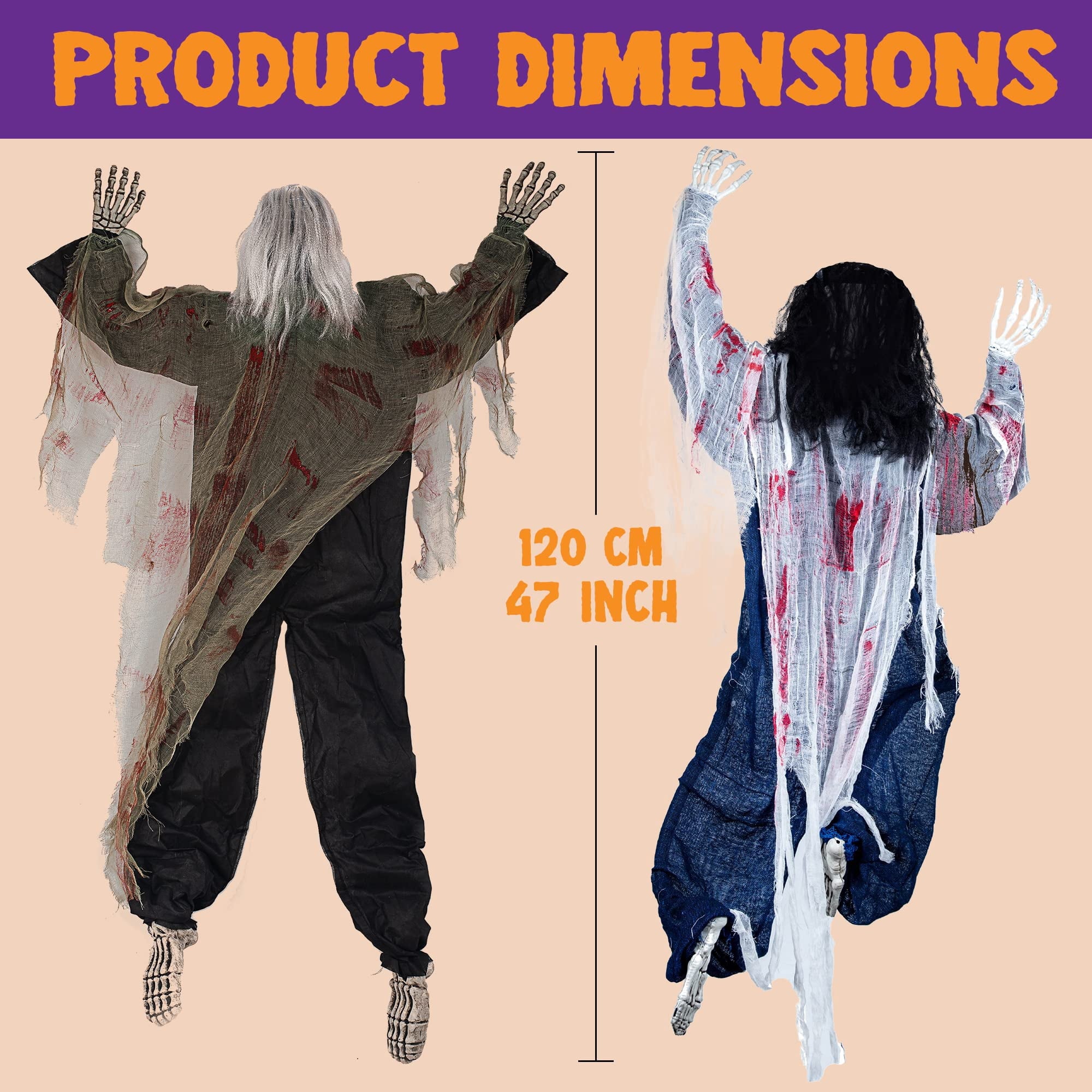 2 Pack 47 inch Halloween Decor Climbing Zombie Skeleton with Bloodstains,Halloween Hanging Decorations Indoor and Outdoor Yard Decorations