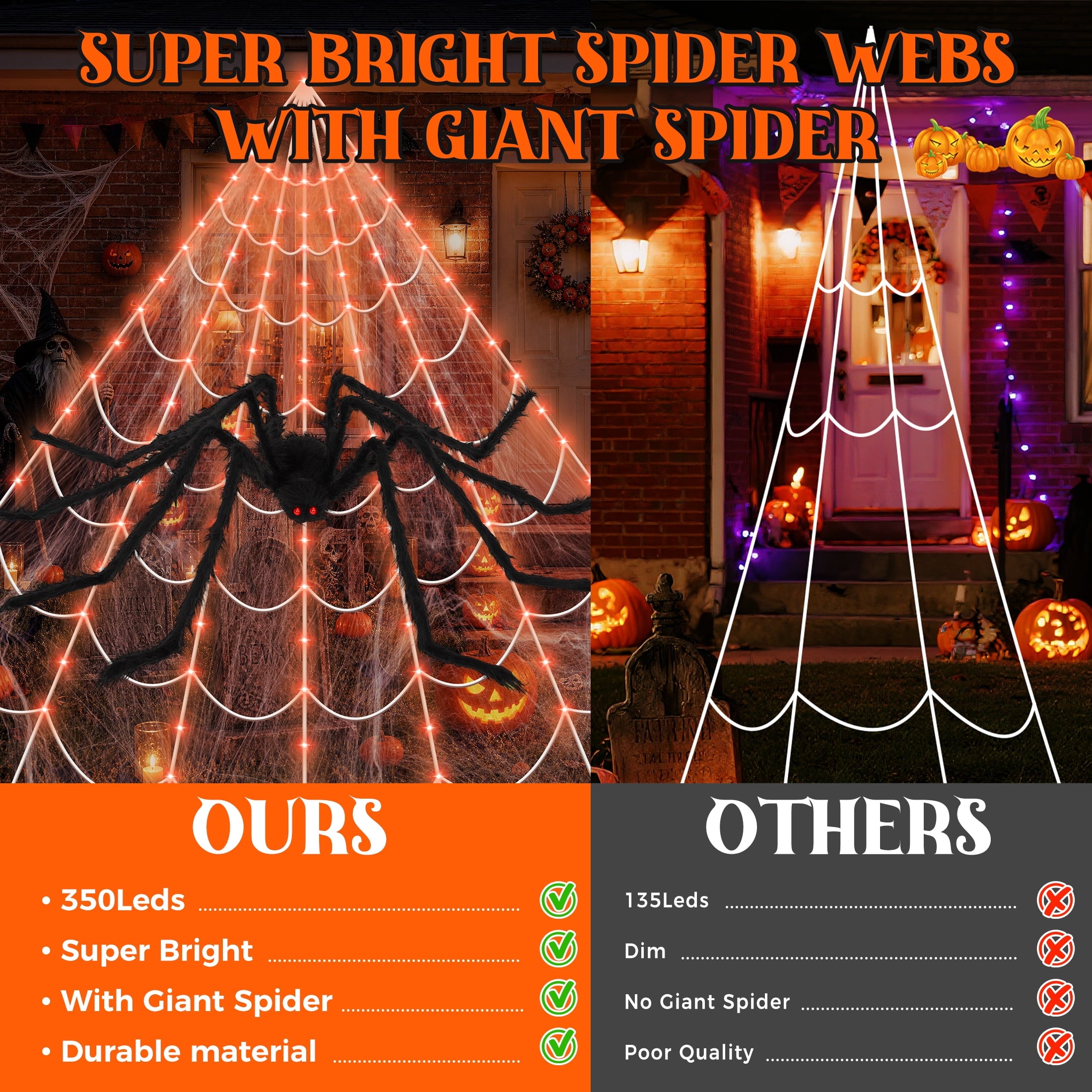 Scidweet Halloween Decorations Outdoor, 350 LED Halloween Spider Web Lights with 79" Large Spider for Outside Garden Yard Home Decor, Orange