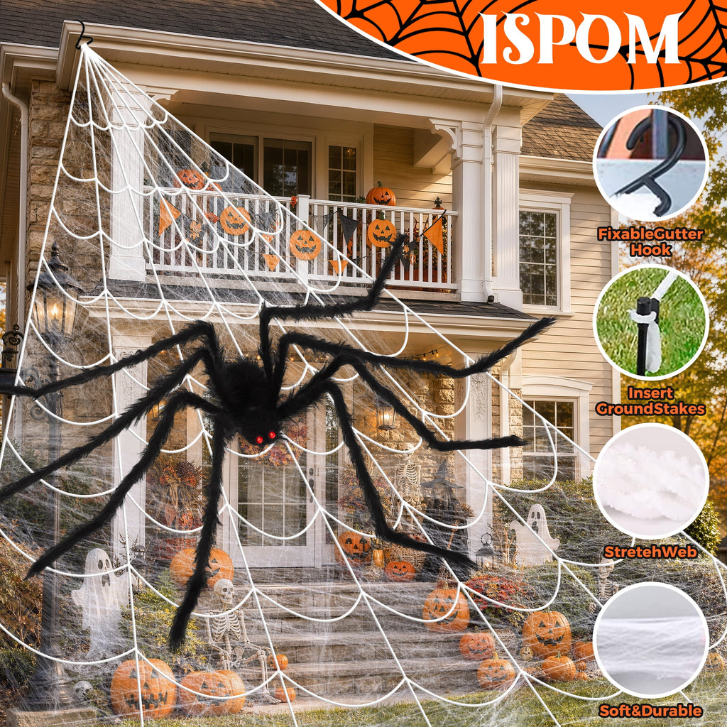Scidweet Halloween Decorations Outdoor, 350 LED Halloween Spider Web Lights with 79" Large Spider for Outside Garden Yard Home Decor, Orange