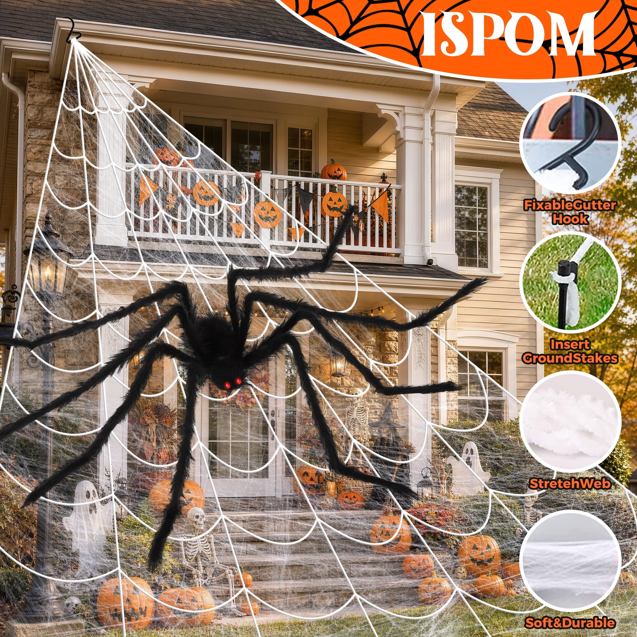 Scidweet Halloween Decorations Outdoor, 350 LED Halloween Spider Web Lights with 79" Large Spider for Outside Garden Yard Home Decor, Orange