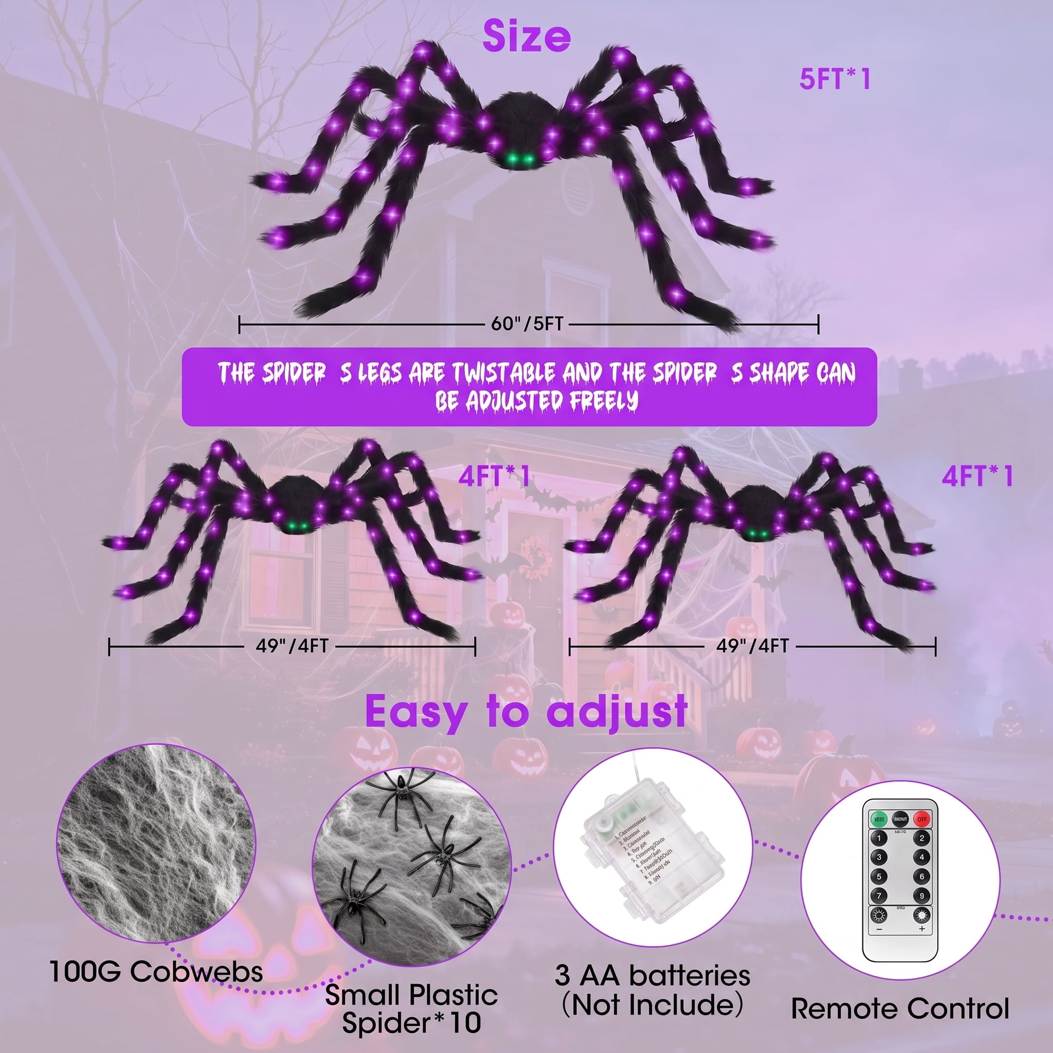 Halloween Spider Decorations Set, 5FT and 2 Pack 4FT Lighted Giant Spider Decorations for Halloween Party Indoor Outdoor Yard Home Decor
