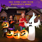 Vrilay Halloween Inflatables, 7 FT Long 4 Pumpkins with Cute White Ghost Outdoor Decorations, Built-in LEDs, Blow Up Party, Waterproof Yard, Garden, Lawn Decor