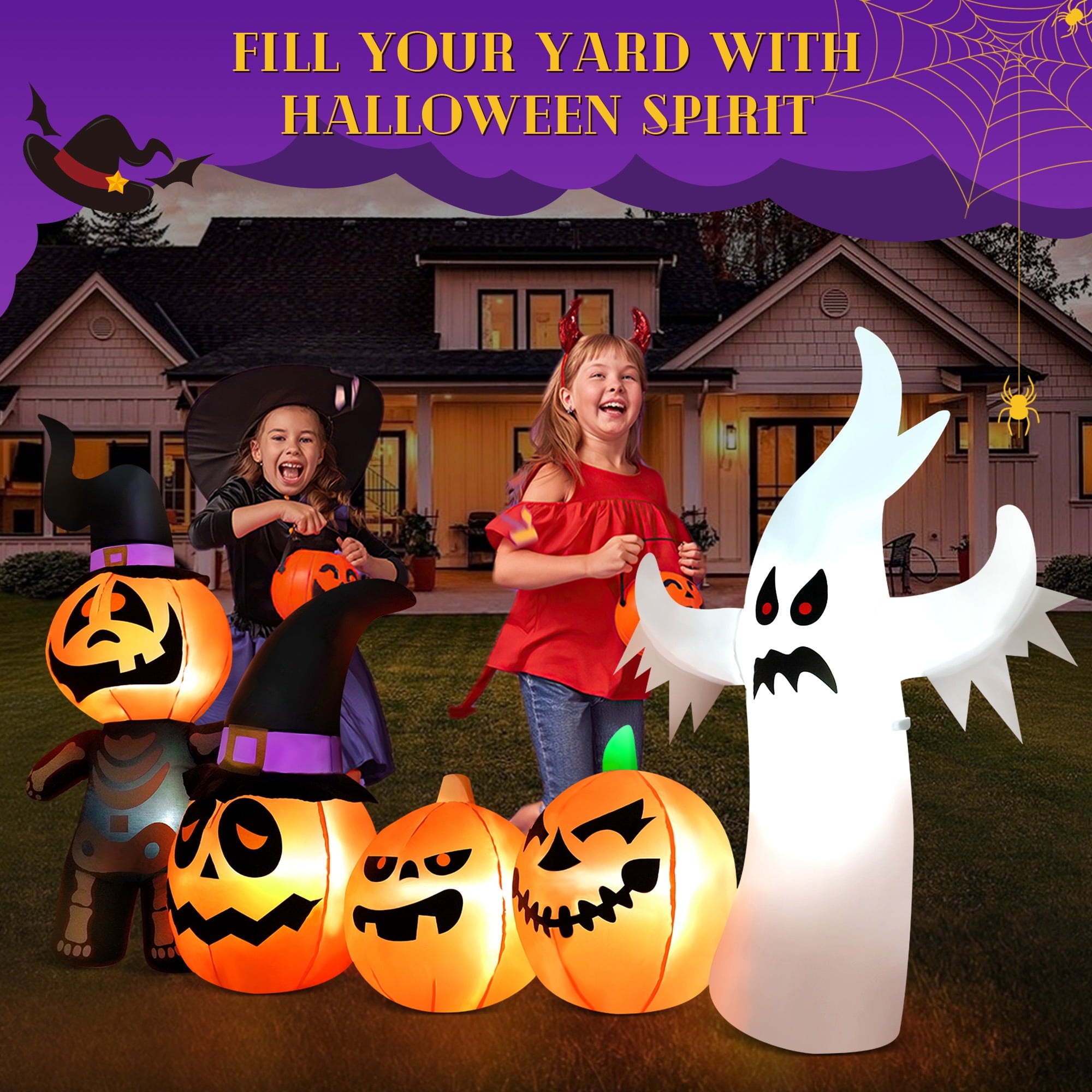 Vrilay Halloween Inflatables, 7 FT Long 4 Pumpkins with Cute White Ghost Outdoor Decorations, Built-in LEDs, Blow Up Party, Waterproof Yard, Garden, Lawn Decor