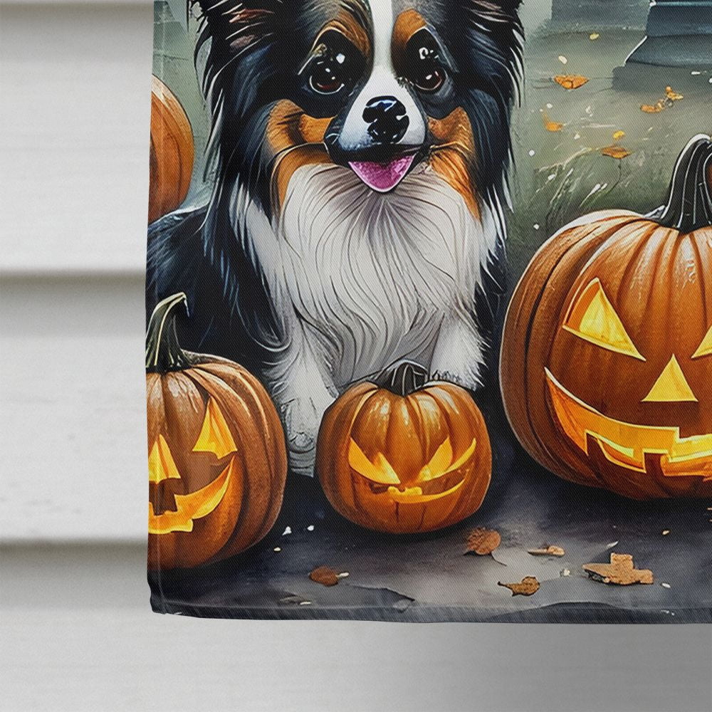 Halloween Papillon Dog House Flag 28x40IN Double-Sided Polyester Decorative Sleeve Pole Flag for Outdoor Home Garden