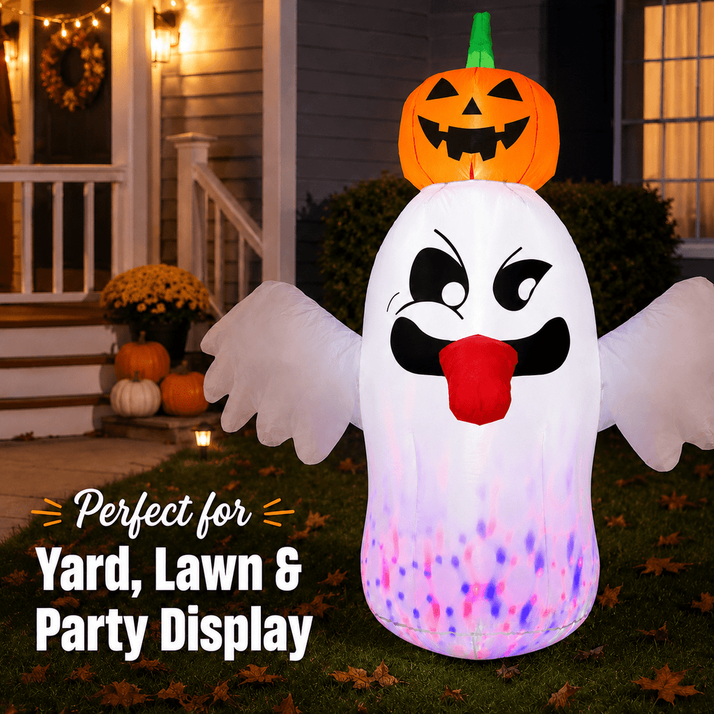 6FT Halloween Inflatable Ghost with Pumpkin Head, Light-Up Blow Up Outdoor Yard Decoration with White and RGB LED Lights