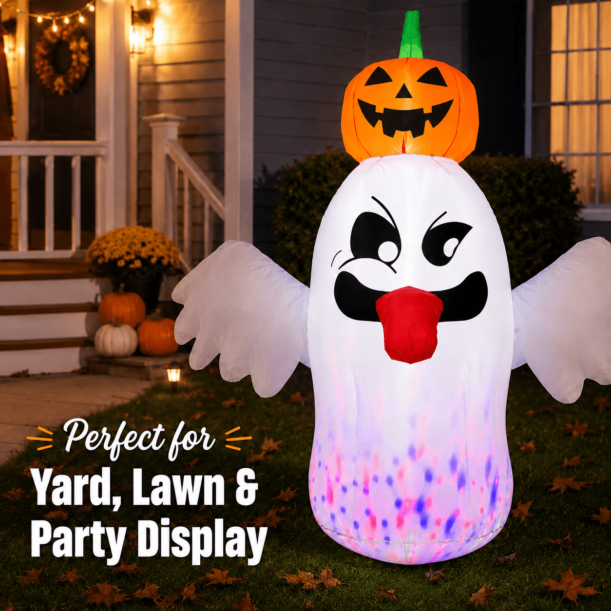 6FT Halloween Inflatable Ghost with Pumpkin Head, Light-Up Blow Up Outdoor Yard Decoration with White and RGB LED Lights
