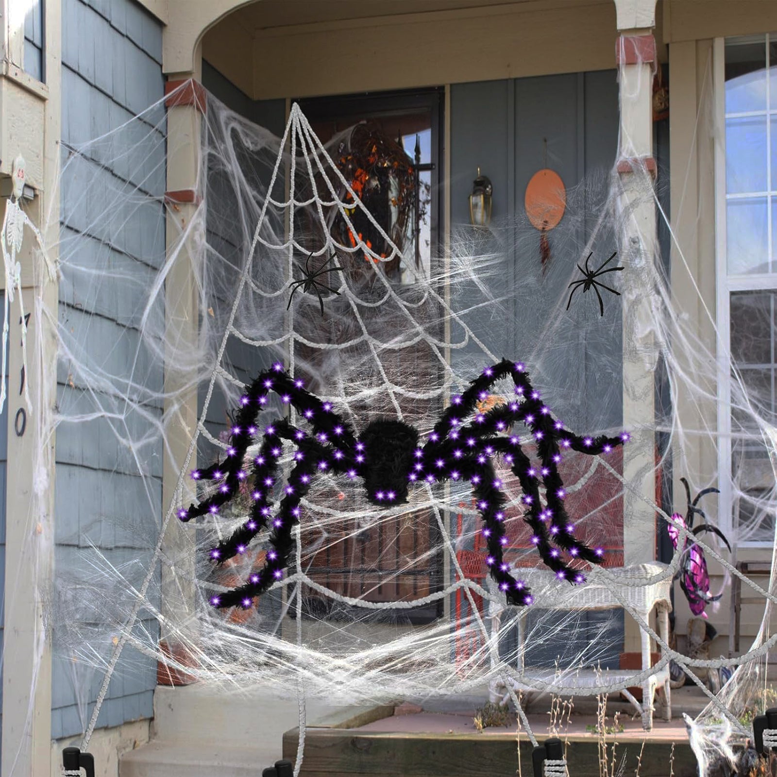 Spider Webs Halloween Decorations Outdoor, 50" Light Up Giant Spider + 276" Triangular Spider Webs, Yard Outdoor Halloween Decor