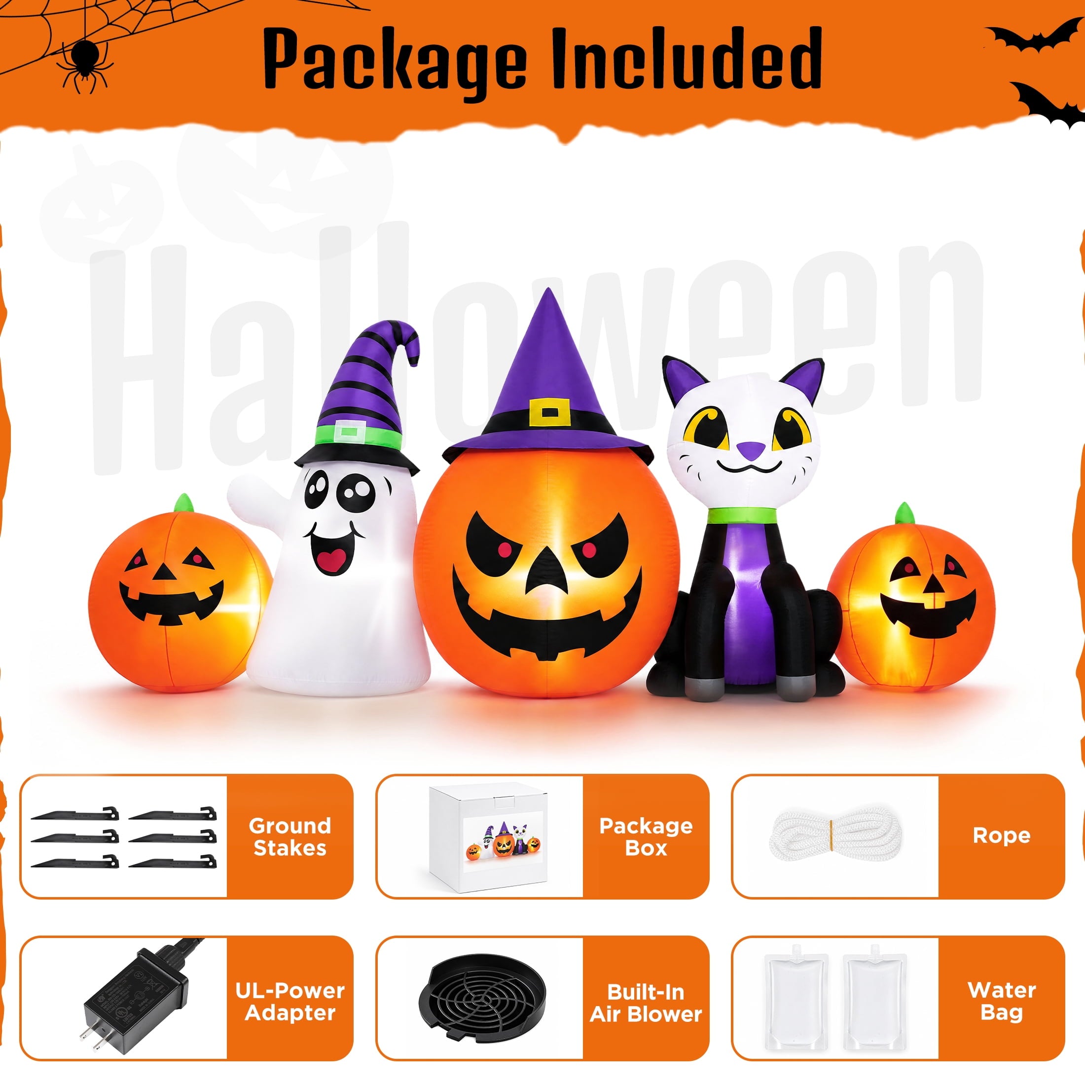 (2 pack) 8FT Halloween Inflatable Pumpkins Ghost Cat with Lights,Blow ups Outdoor Decorations for Yard