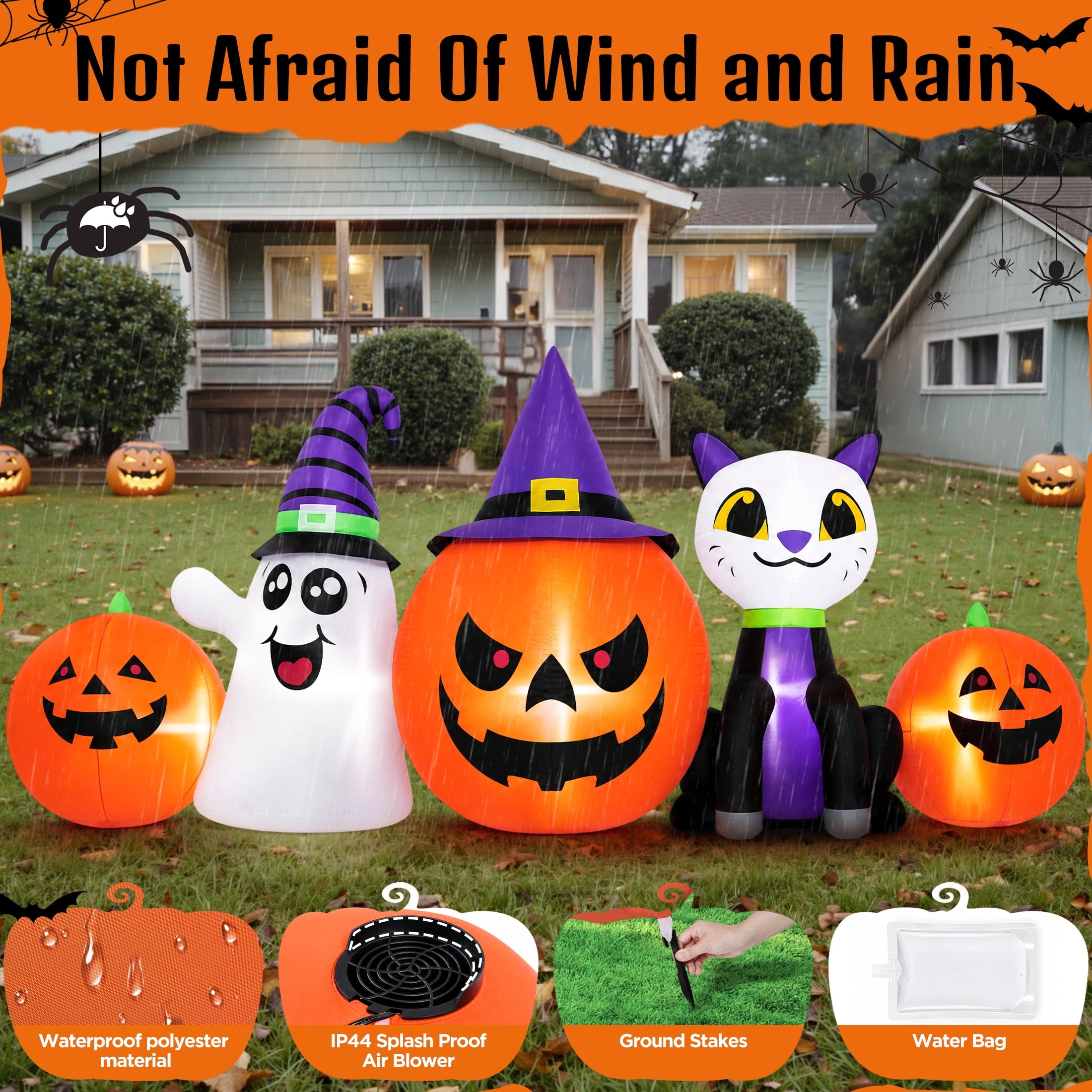 8FT Halloween Inflatable Pumpkins Ghost Cat with Lights,Blow ups Outdoor Decorations for Yard