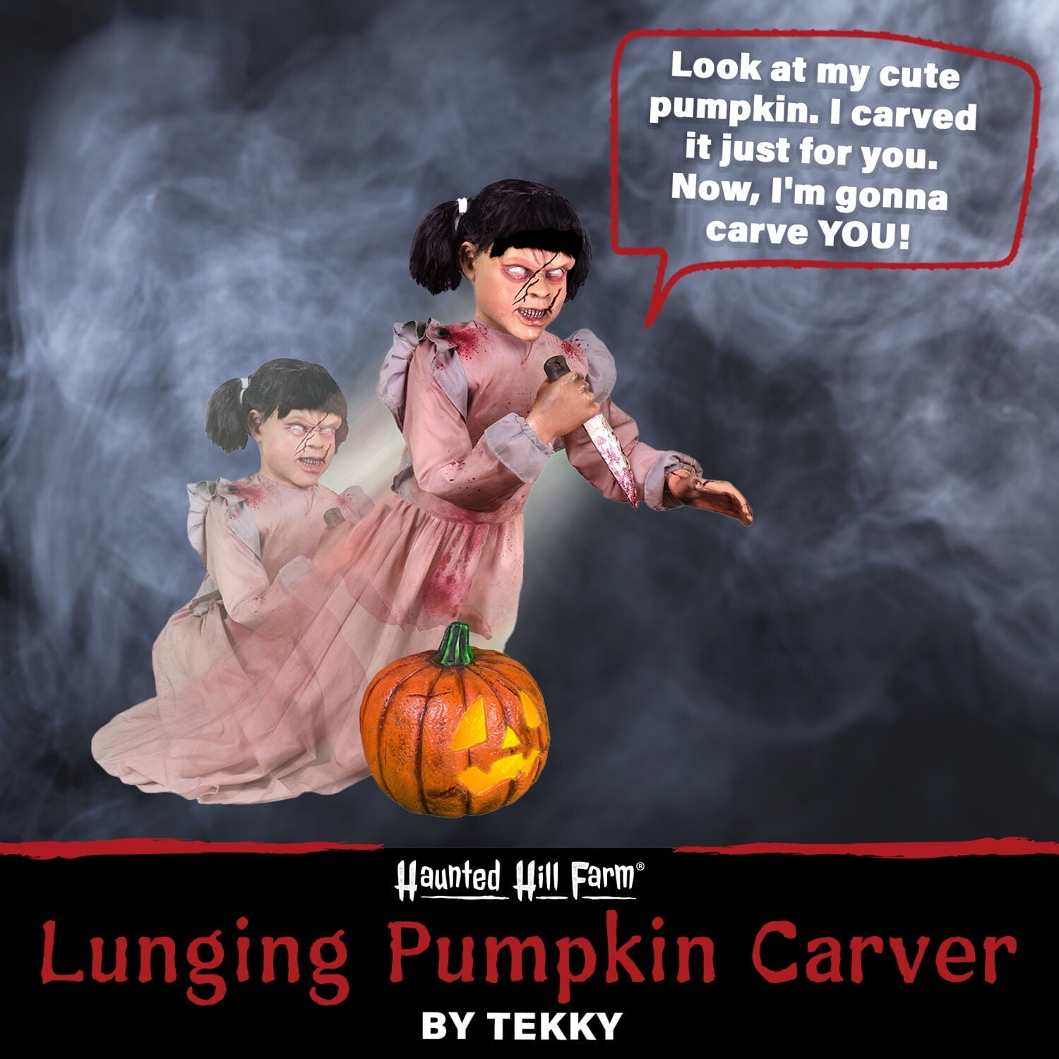 Lunging Pumpkin Carver Zombie Girl with Jack O'Lantern by Tekky, 3.2 ft Premium Talking Halloween Animatronic, HHPMPCVR-FLSA