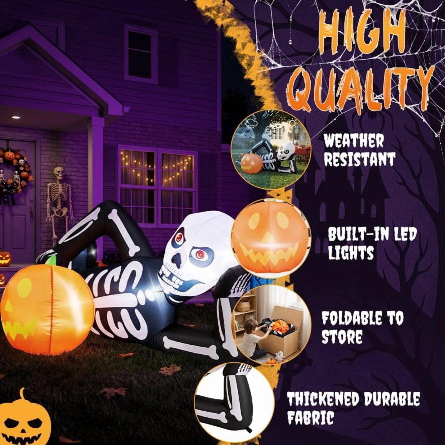 7' Halloween Inflatables Skeleton Outdoor Halloween Decoration Reclining Skeleton with Pumpkin,Built-In LED Lights