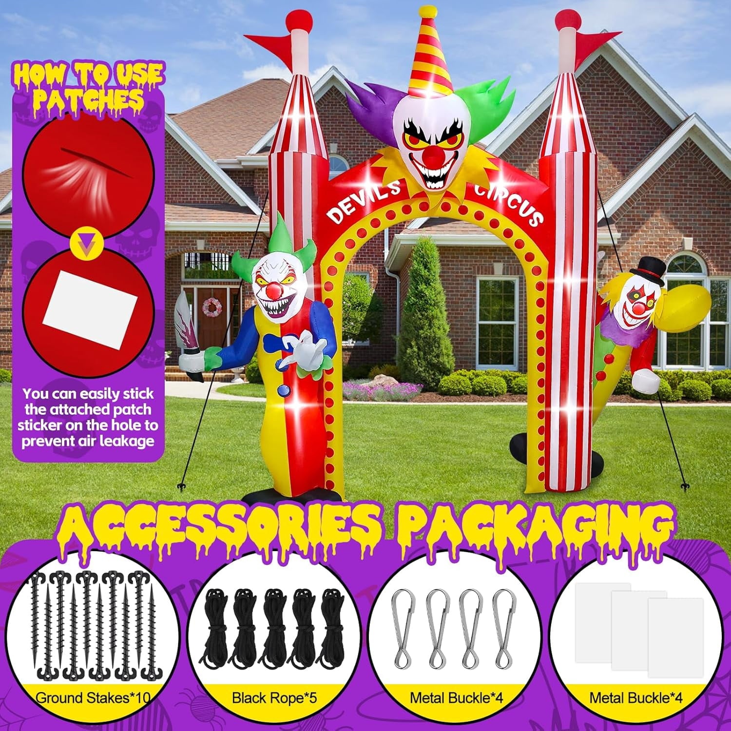 12FT Giant Clown Inflatable Archway with Built-in Lights  Scary Outdoor Yard Decorations for Garden, Lawn, and Indoor Halloween Decor