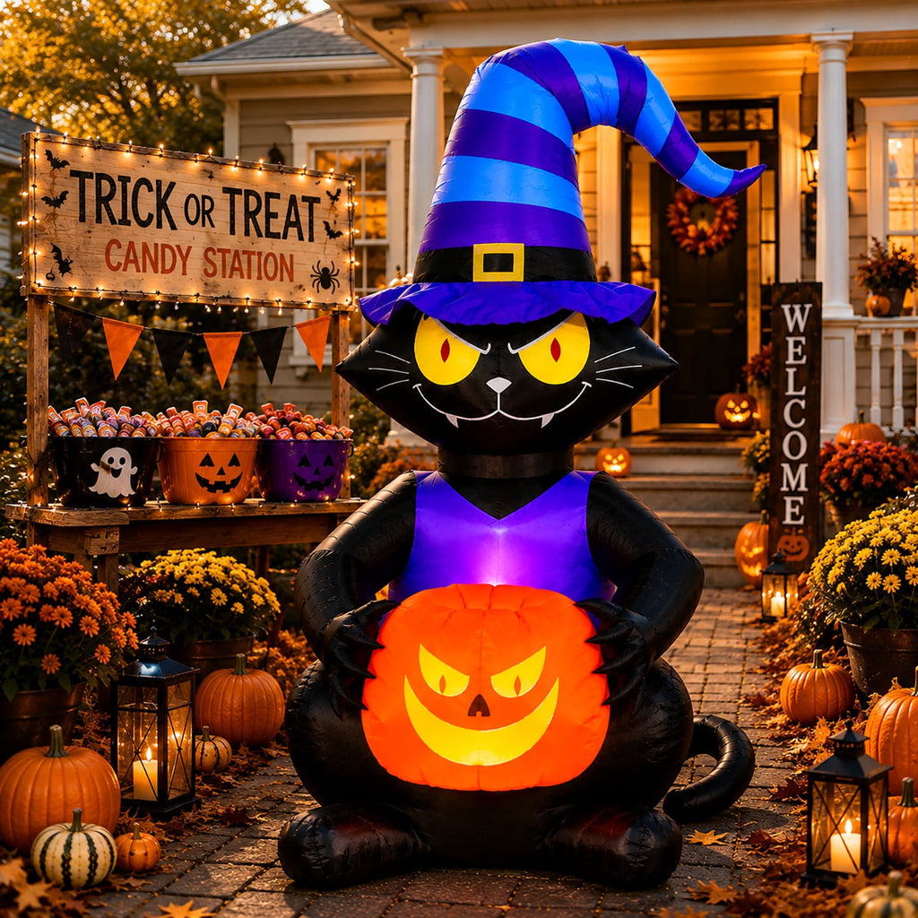 Toiyjofe 6ft Halloween Inflatable Black Cat with Jack-o'-Lantern & LED Lights, Trick-or-Treat Yard Decoration with Witch Hat for Outdoor Lawn & Porch