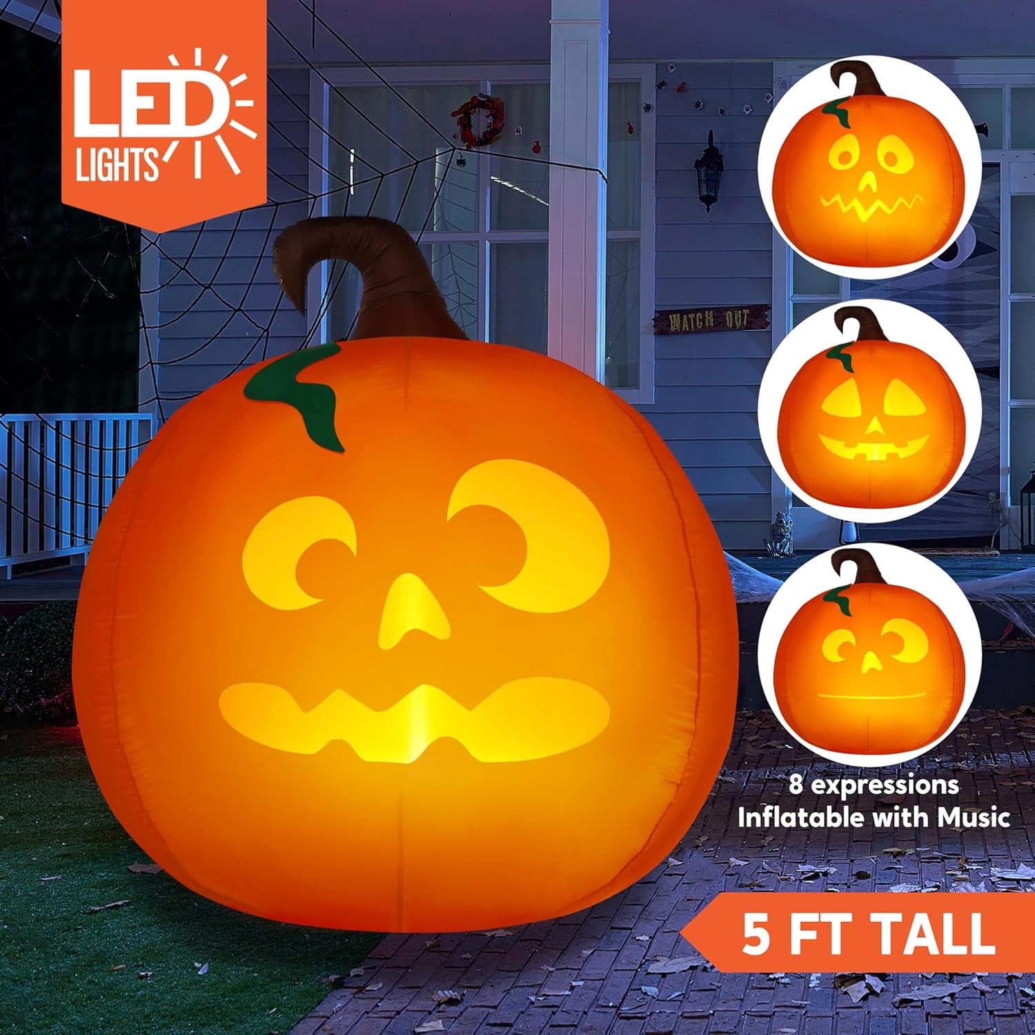5 Ft Tall Halloween Inflatable Pumpkin,Blow Up Pumpkin with Projector Face and Music Lights,Outdoor Decorations for Yard,Garden,Lawn,Party