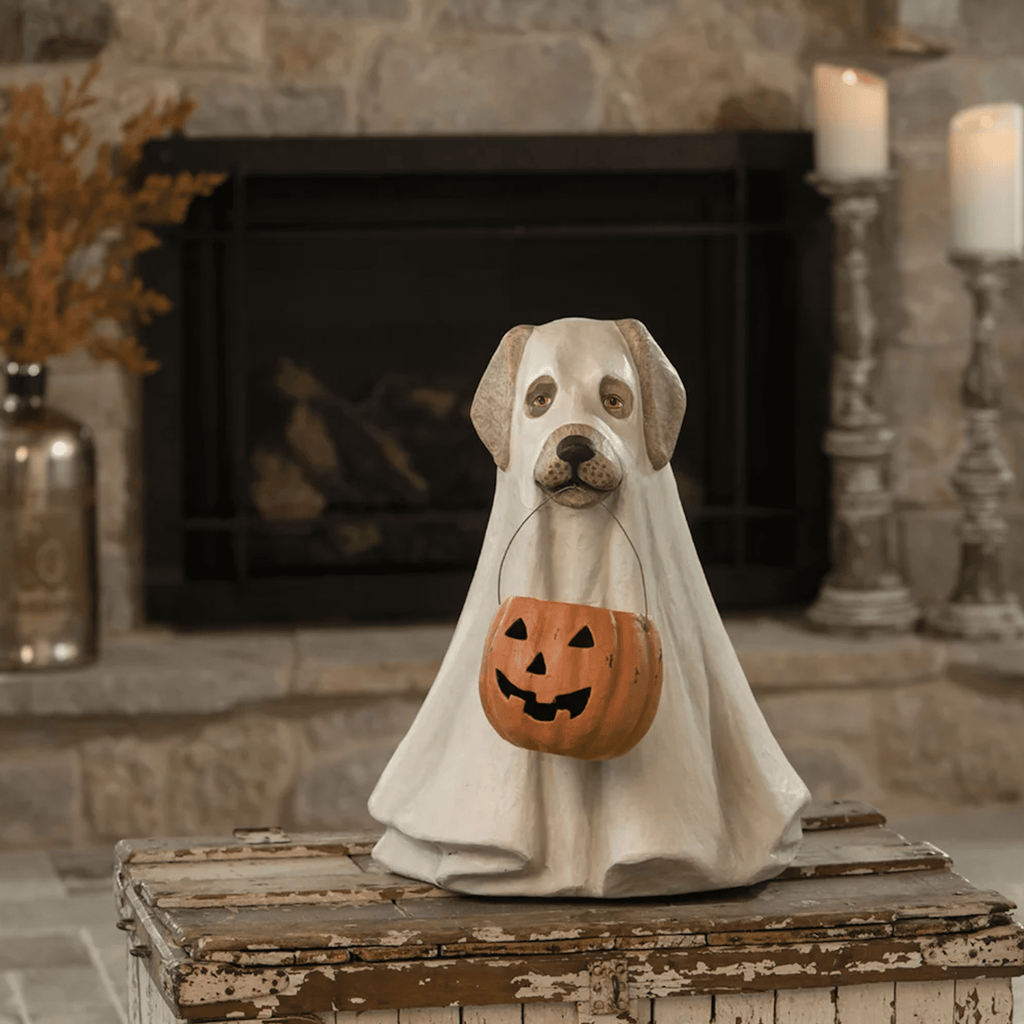 Bethany Lowe 19.5" Large Ghost Dog Candy Bowl Paper Mache Halloween Decoration Statue