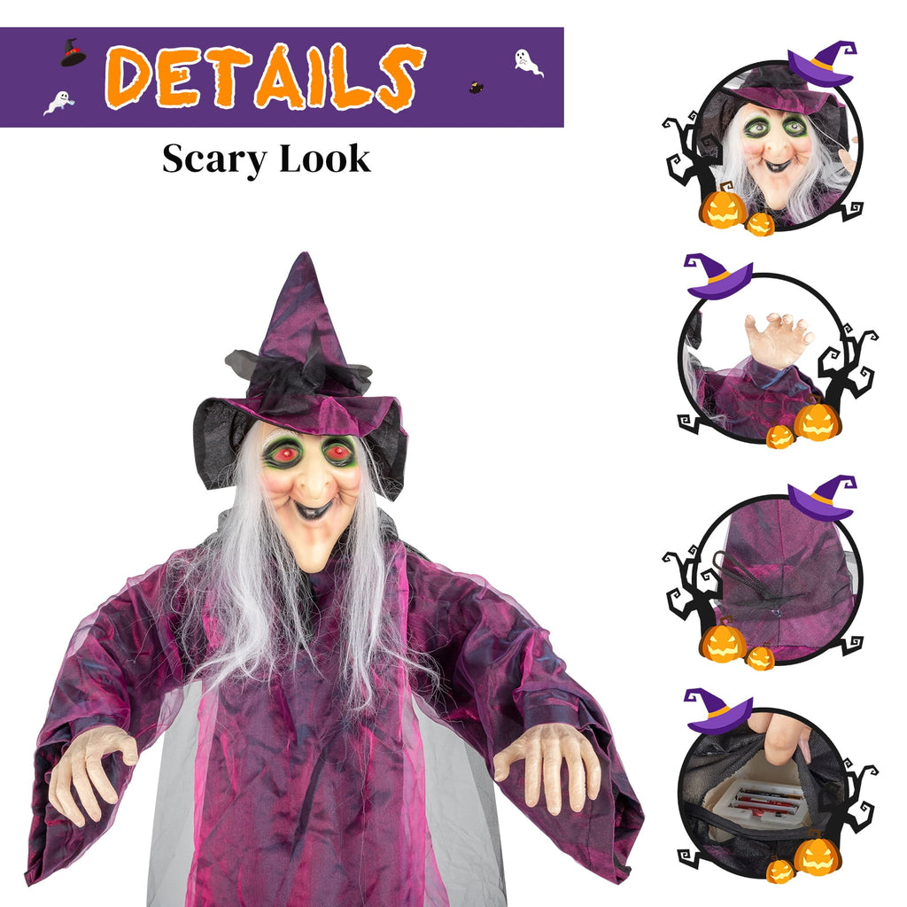 Halloween Witch Hanging Animated Screaming Witch w/ Pre-Recorded Sound, LED Eyes for Yard Outdoor Home Garden