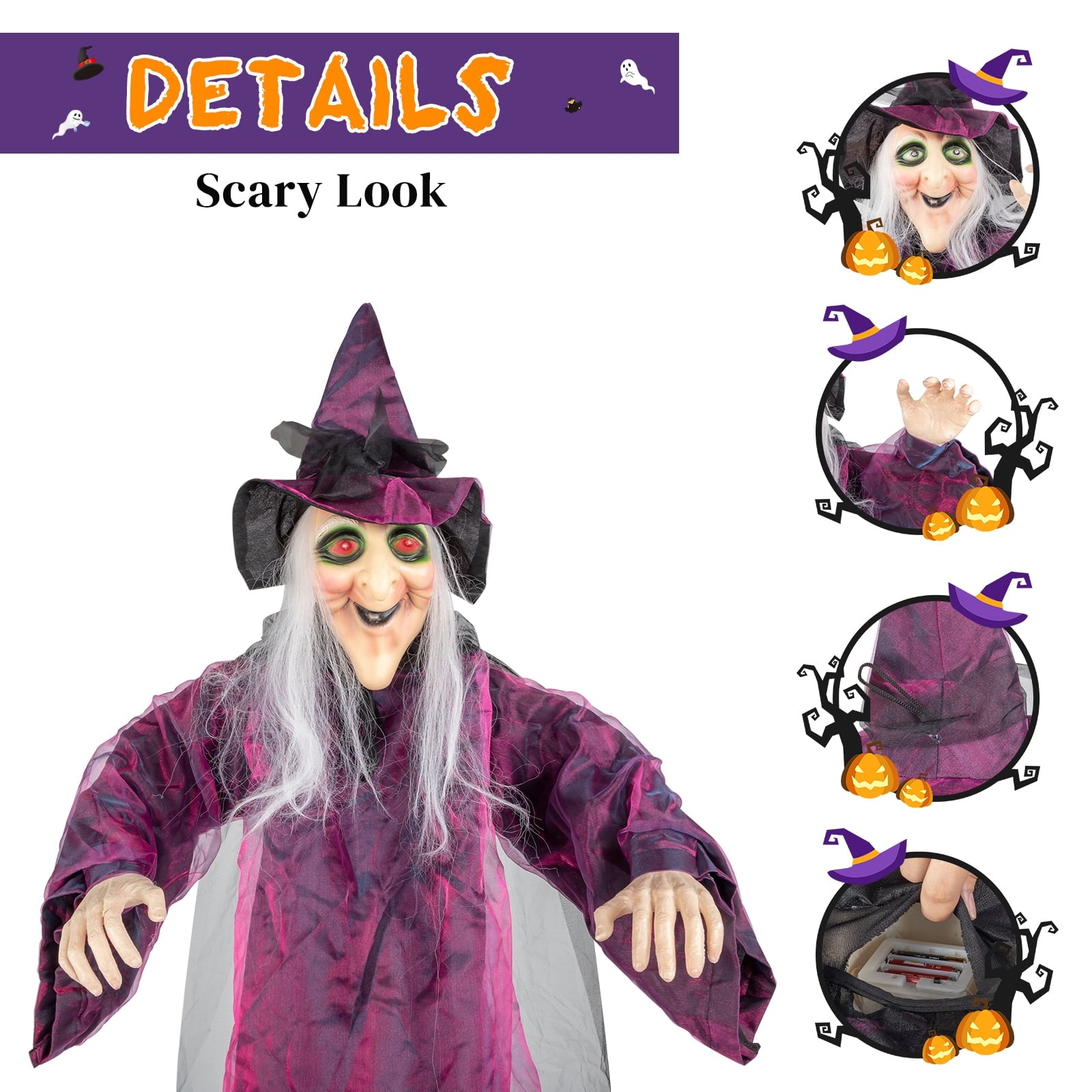 Halloween Witch Hanging Animated Screaming Witch w/ Pre-Recorded Sound, LED Eyes for Yard Outdoor Home Garden