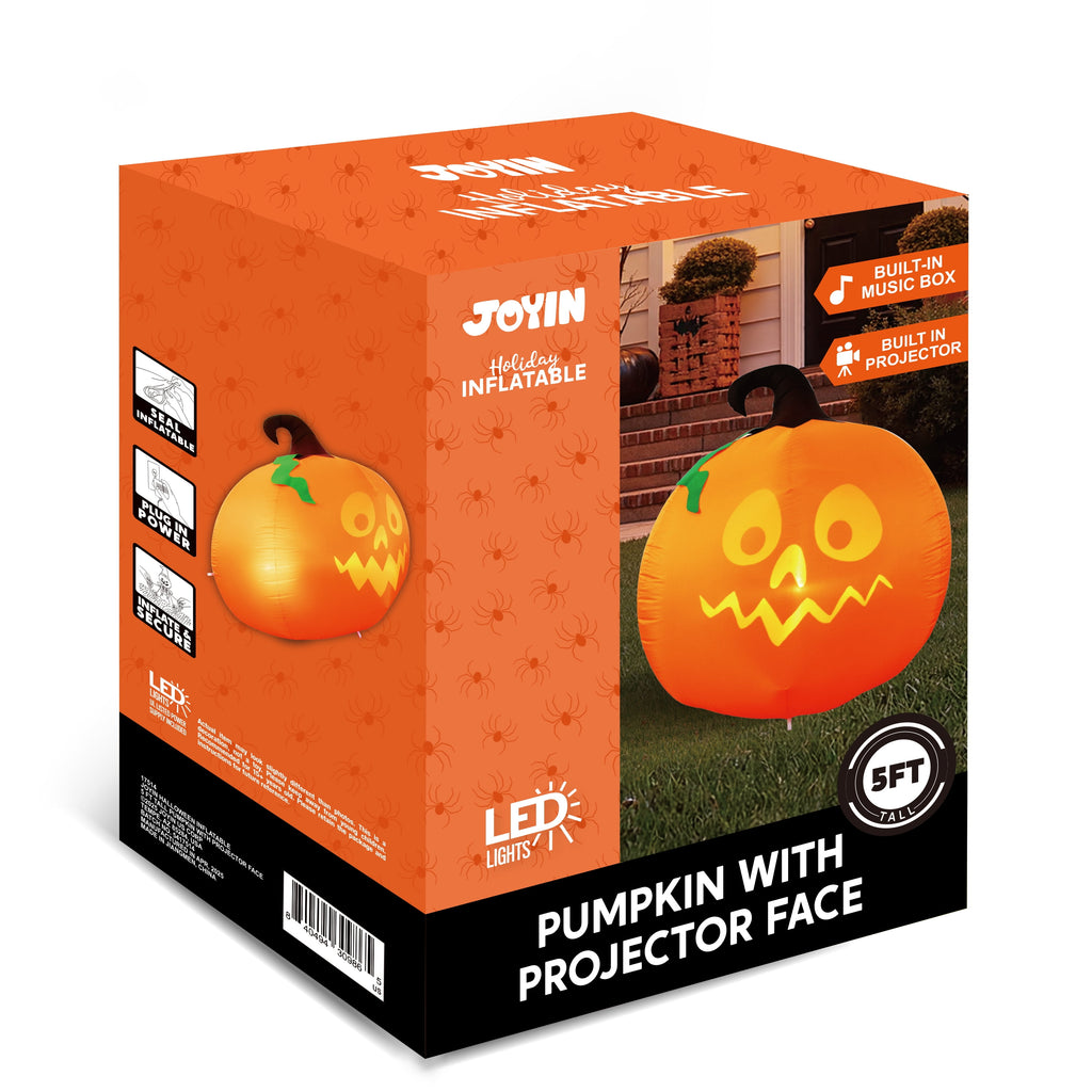 5 Ft Tall Halloween Inflatable Pumpkin,Blow Up Pumpkin with Projector Face and Music Lights,Outdoor Decorations for Yard,Garden,Lawn,Party