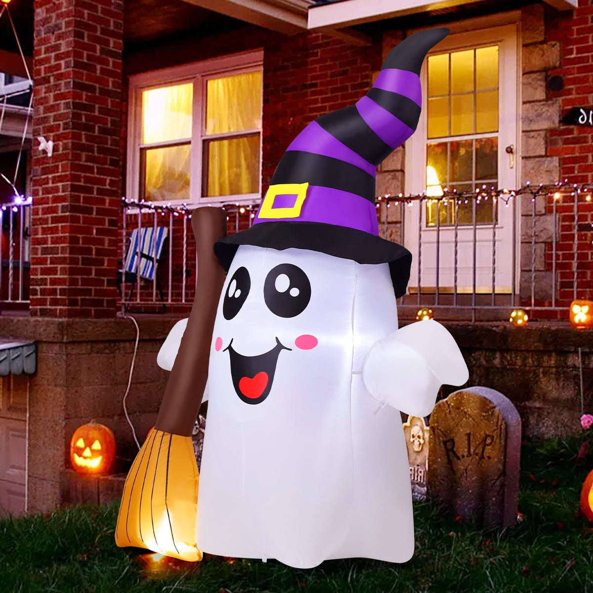 Halloween Inflatables 6 FT Halloween Ghost Inflatable Grasping Broom with LED Lights, Blow up Ghost Cute Inflatable Ghost, Outdoor Halloween Decorations for Holiday Party Indoor Outdoor