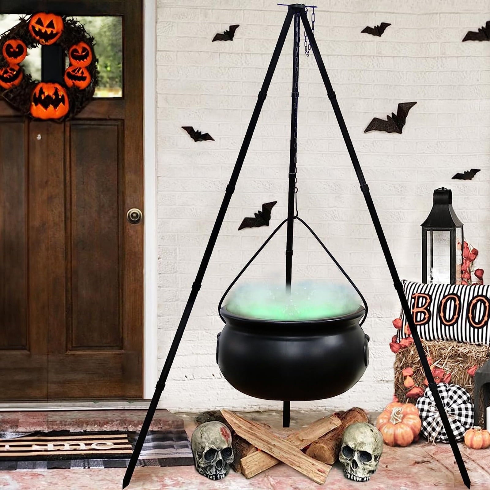 SDJMa Halloween Decorations Outdoor, 7.8" Witch Cauldron on 30.7" Tripod with Timer String Lights, Halloween Haunted House Decor for Yard Lawn Garden Outside Party Supplies