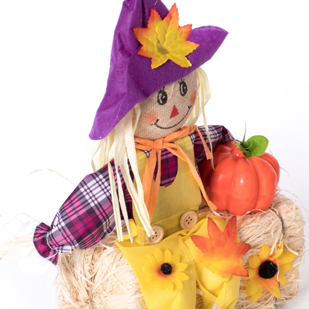 Gardenised 18 Inch Sitting on Straw and Hay Bales Multicolor Trio Scarecrows for Halloween, Fall and All Time Season Garden Decor, Perfect to Add a Festive Touch to Your Lawn