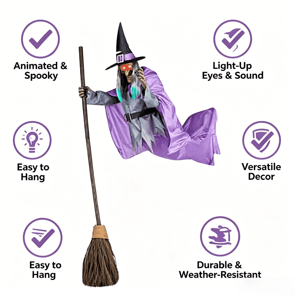 Witch Decorations Halloween 6 FT Scary Flying Witch Decorations Animatronics Halloween Props with Scary Sounds and Lights Decorations for Outside Indoor Garden Yard