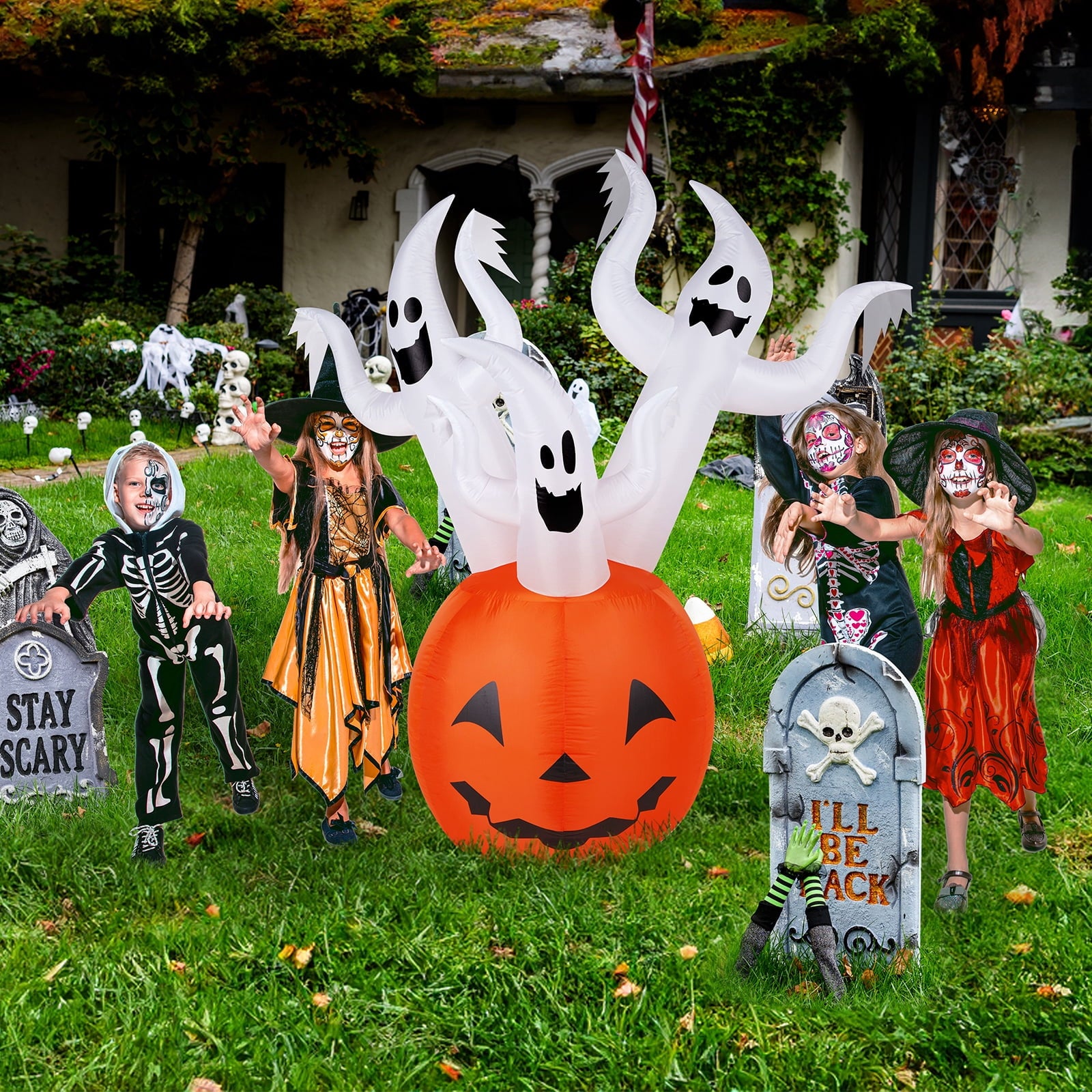 Halloween Ghost and Pumpkin Outdoor Halloween Inflatables for Patio Garden Decor