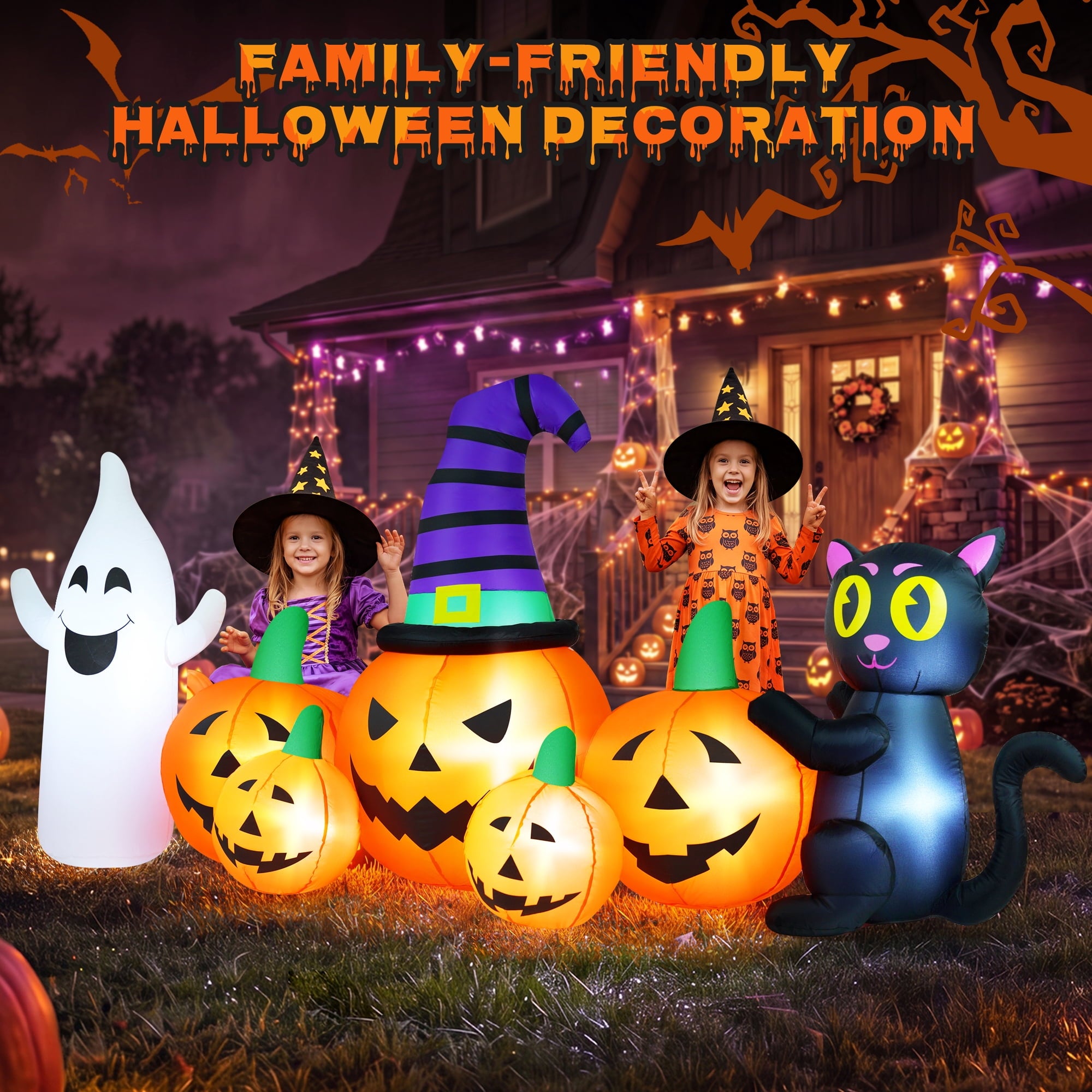 8FT Long Halloween Inflatable Pumpkin with Ghost and Black Cat,Outdoor Halloween Decoration with LED Lights for Yard Lawn Garden Porch Party Decor