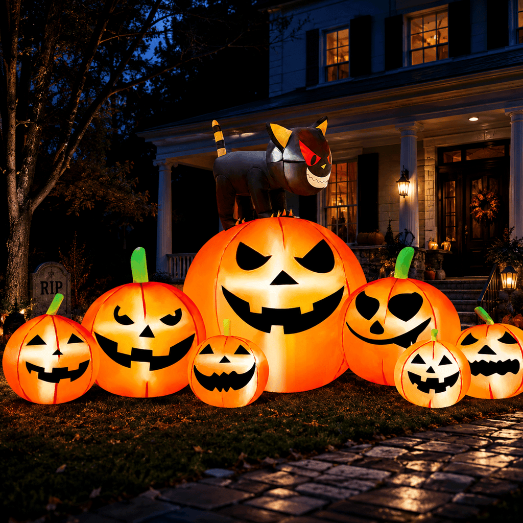 8.1FT Halloween Inflatable Pumpkin Stack, 7 Glitter Pumpkins with Black Cat and LED Lights, Outdoor Yard & Garden Decor