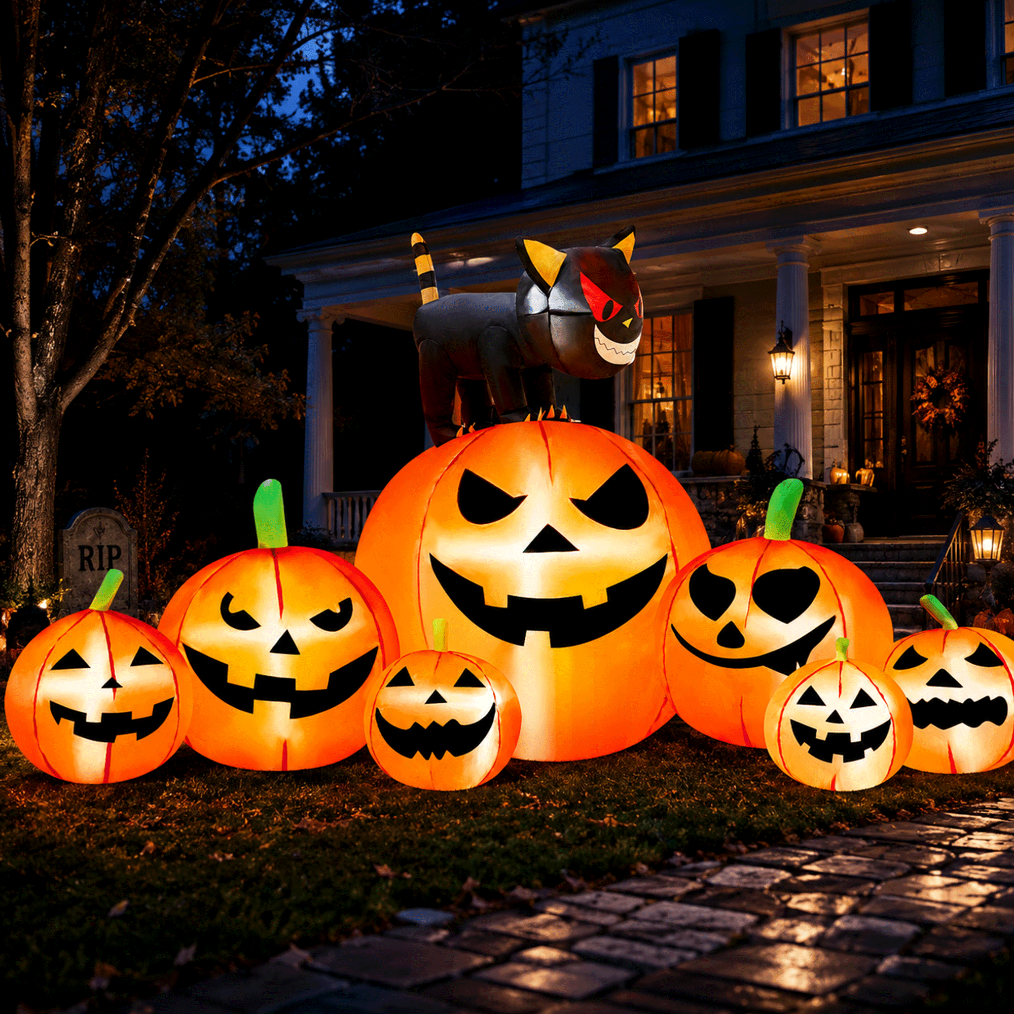 8.1FT Halloween Inflatable Pumpkin Stack, 7 Glitter Pumpkins with Black Cat and LED Lights, Outdoor Yard & Garden Decor