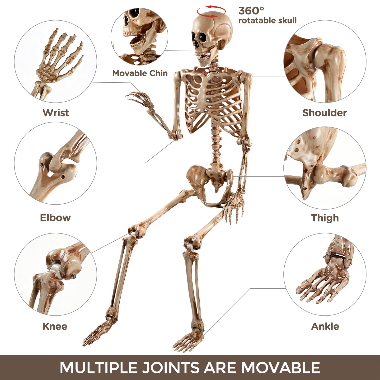 5.4ft Halloween Skeleton Decorations, Weathered Posable Skeleton Decor for Halloween Decorations Outdoor Indoor