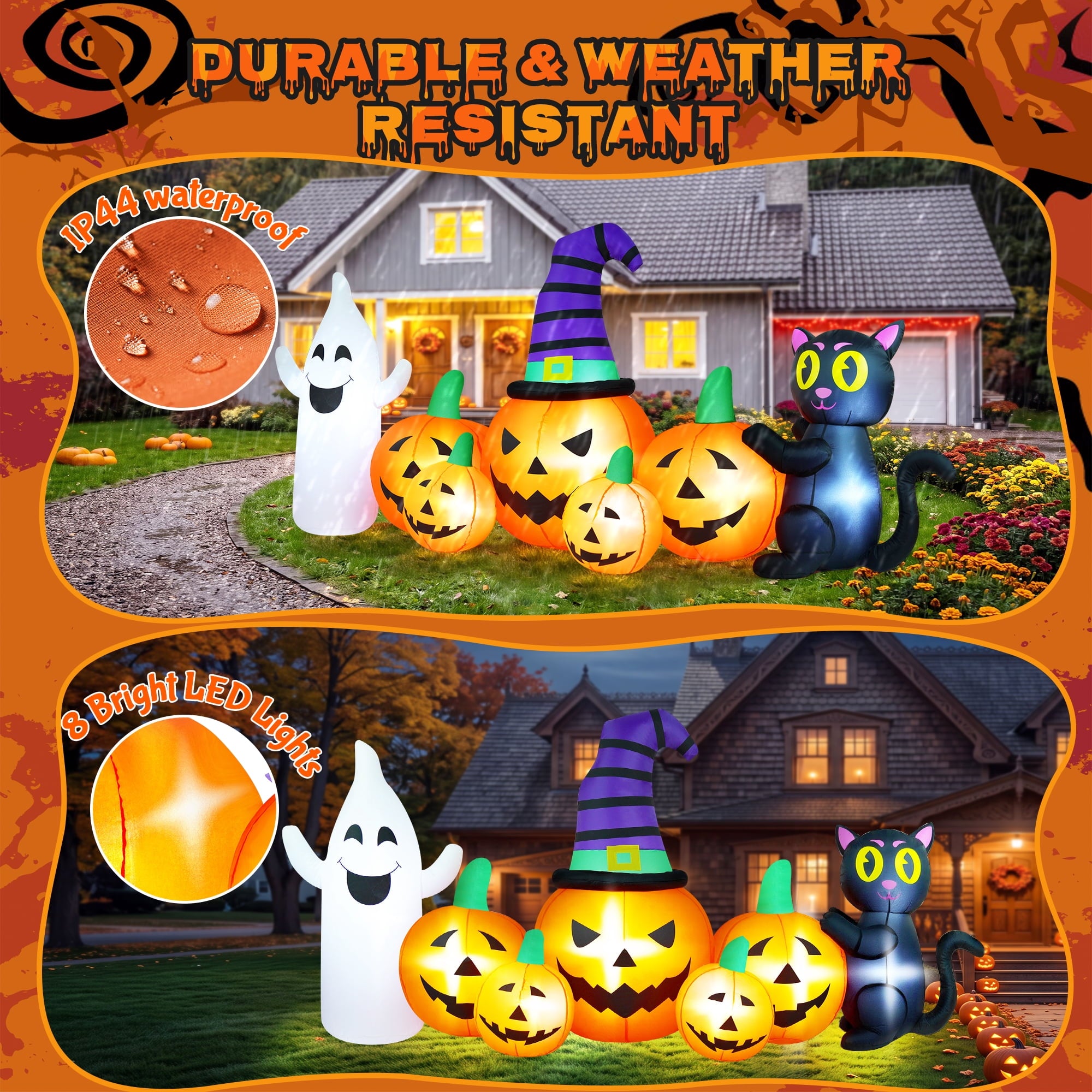 8FT Long Halloween Inflatable Pumpkin with Ghost and Black Cat,Outdoor Halloween Decoration with LED Lights for Yard Lawn Garden Porch Party Decor