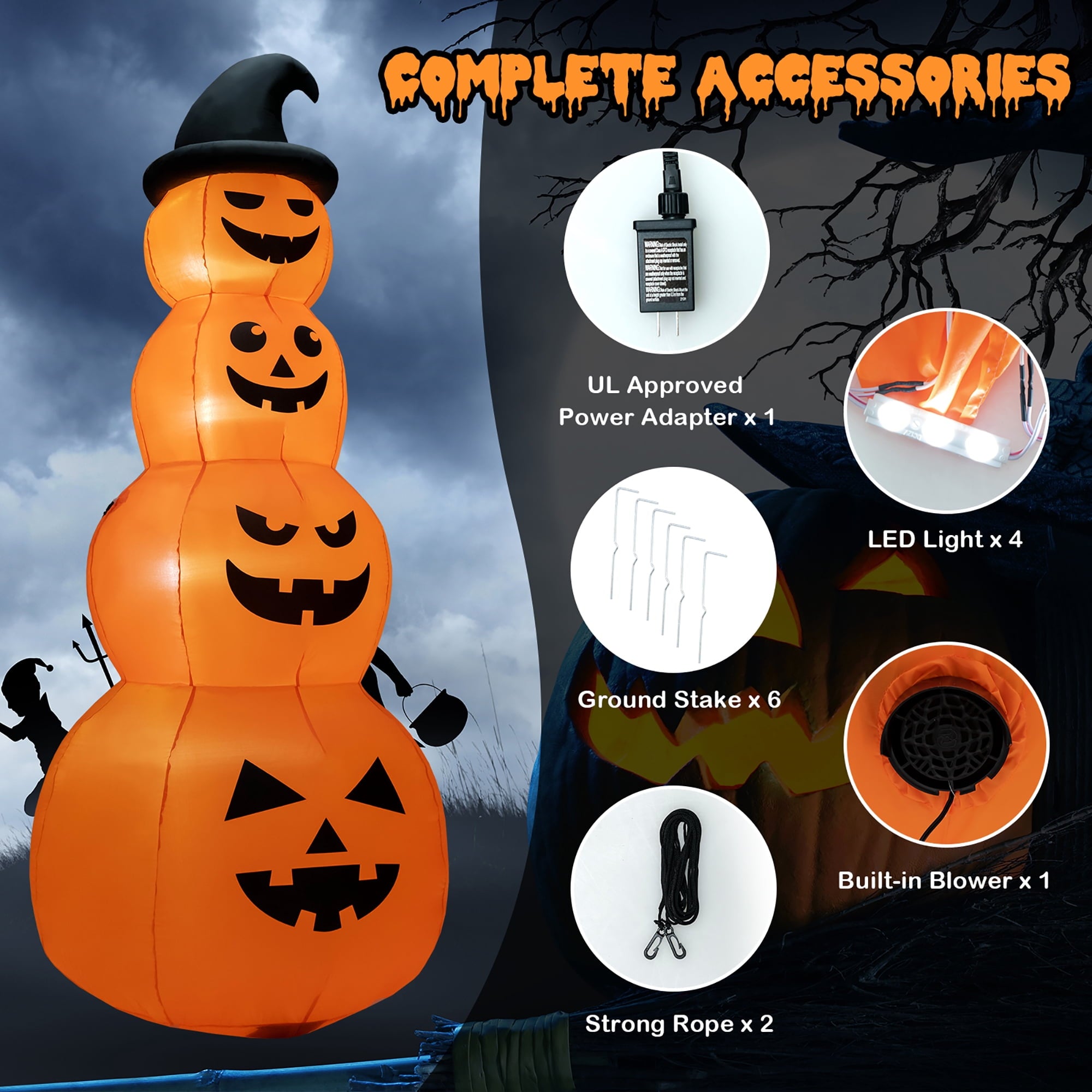 Costway 8FT Halloween Inflatable Stacked Pumpkins Blow-up Holiday Decoration w/ LED Lights