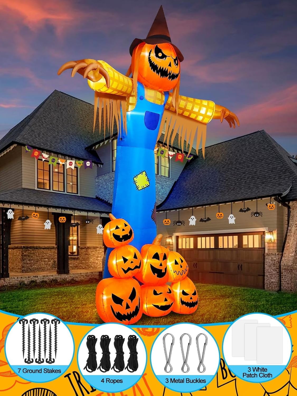12.5 FT Halloween Inflatables with Music, Giant Pumpkin Scarecrow Inflatable with LED Light Blow Up Yard Decor with Scary Sound for Outdoor Garden Lawn Holiday Party Supplies