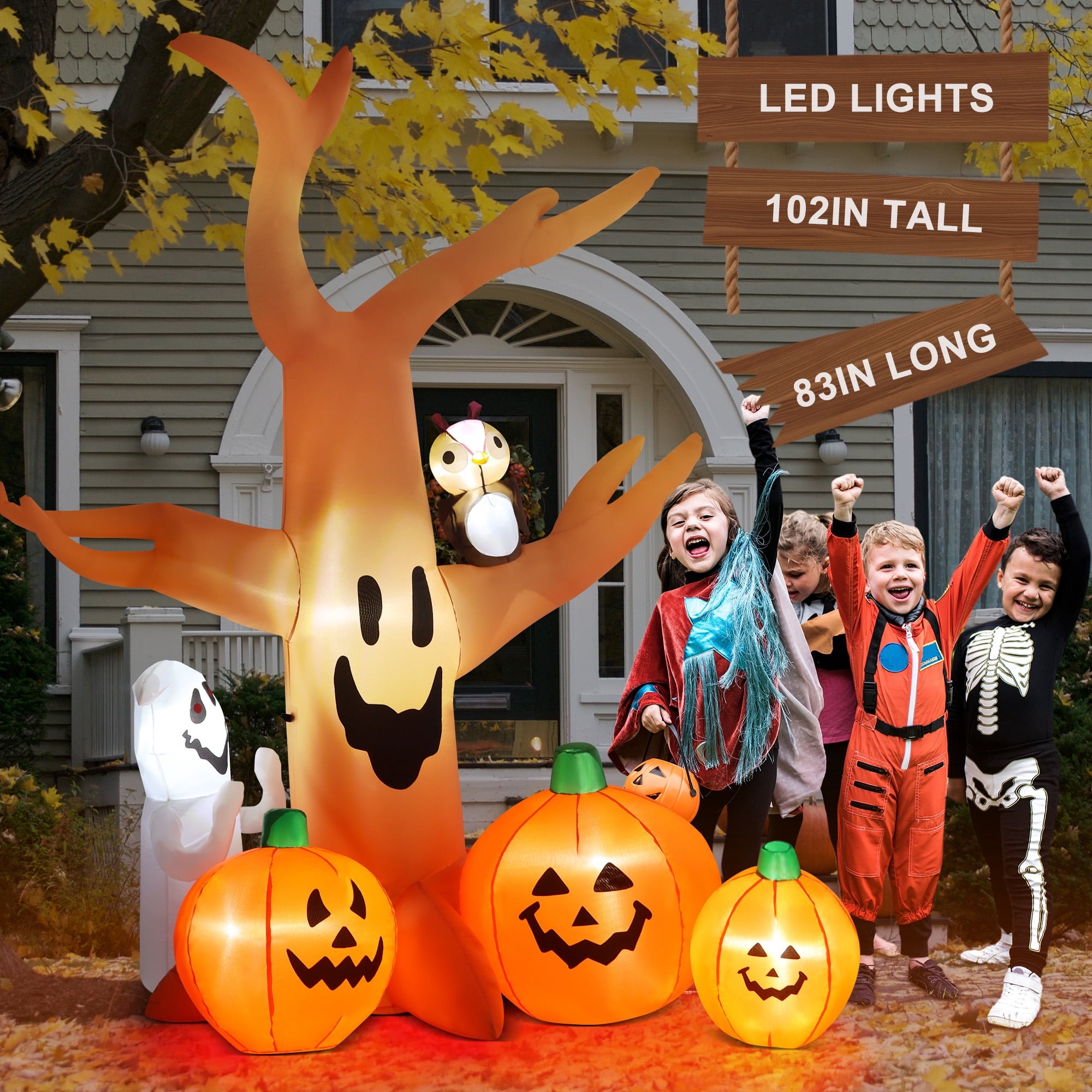 8FT Halloween Inflatables Dead Tree,Outdoor Halloween Decorations with Built-in LED Lights,Halloween Blow Up Yard Decorations with Pumpkin,Ghost,and Owl