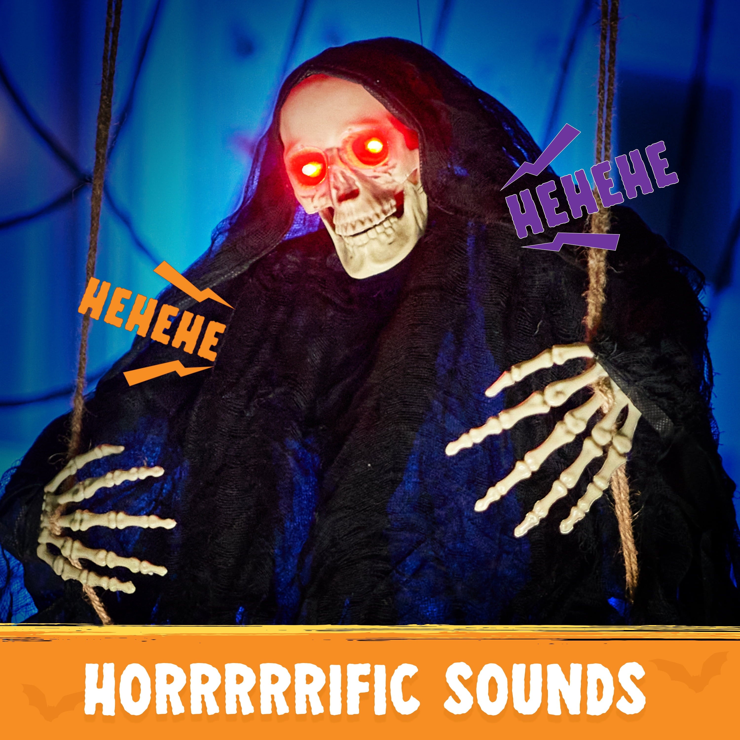 3 FT Halloween Hanging Swinging Skeleton,Light Up Creepy Grim Reaper with Black Hood Decorations for Halloween Hanging Decorations Indoor Outdoor Yard Home Decorations