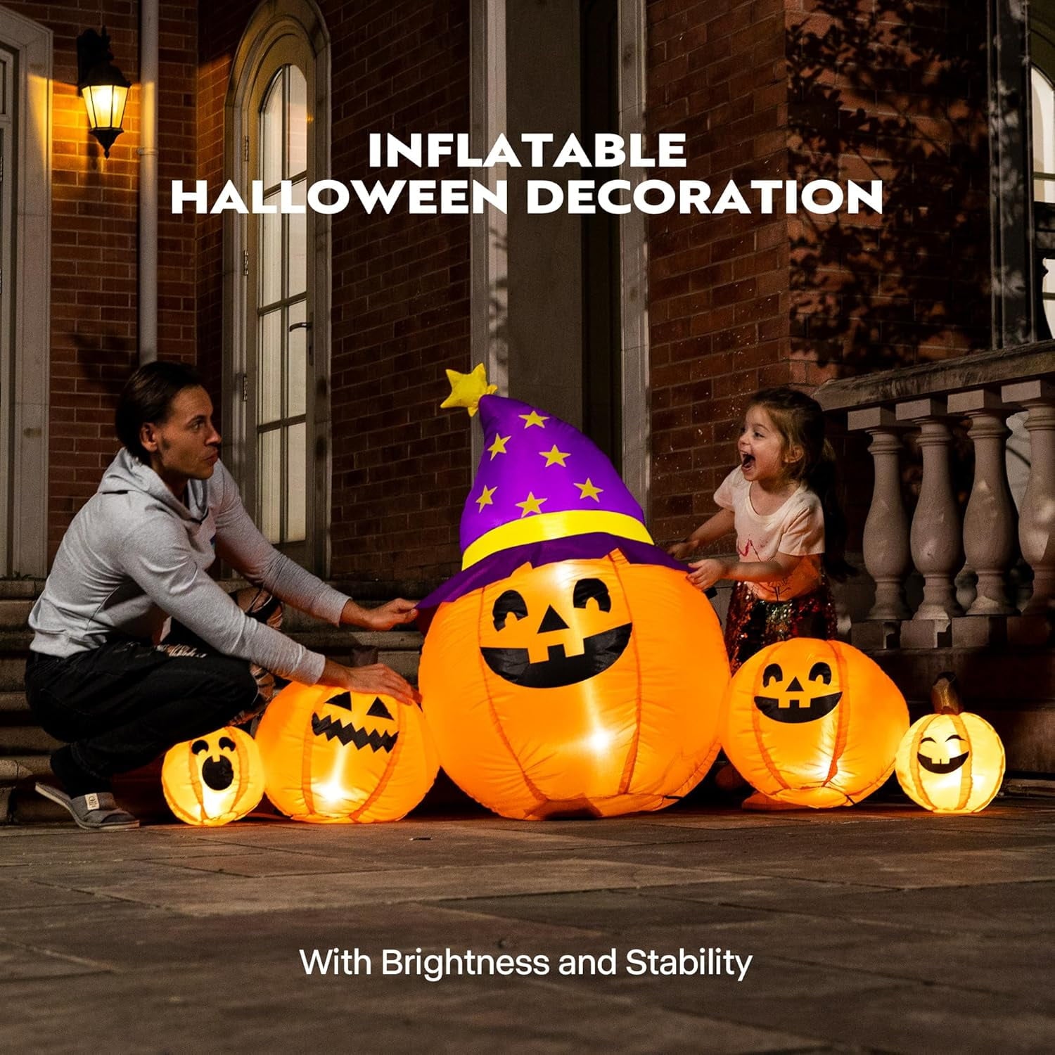 SPECSTAR 6ft Long Halloween Inflatable LED Lighted Pumpkin Family Blow up Outdoor Lawn Yard Decoration